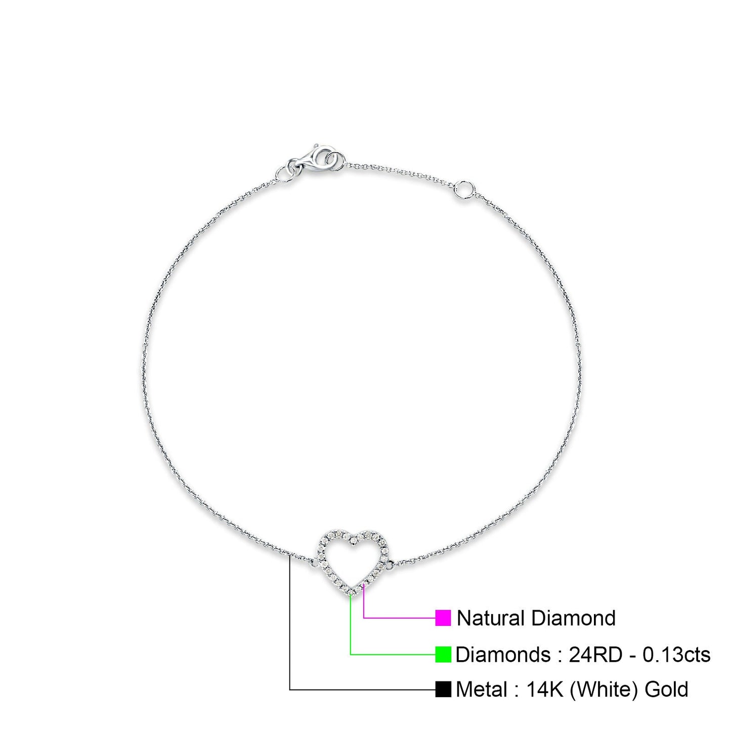 Diamond Heart Bracelet 14K White Gold 0.13ct Wholesale