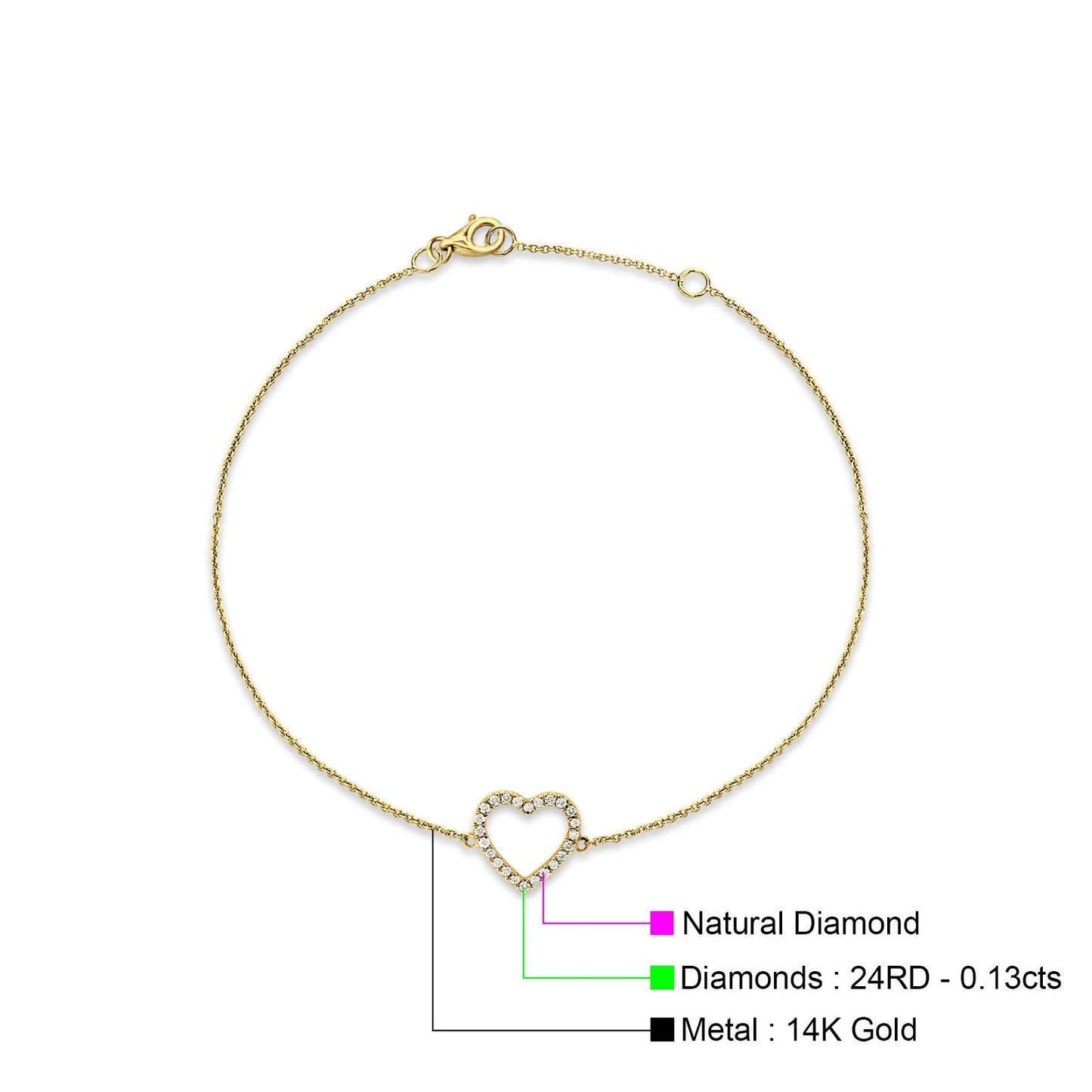 Diamond Heart Bracelet 14K Yellow Gold 0.13ct Wholesale