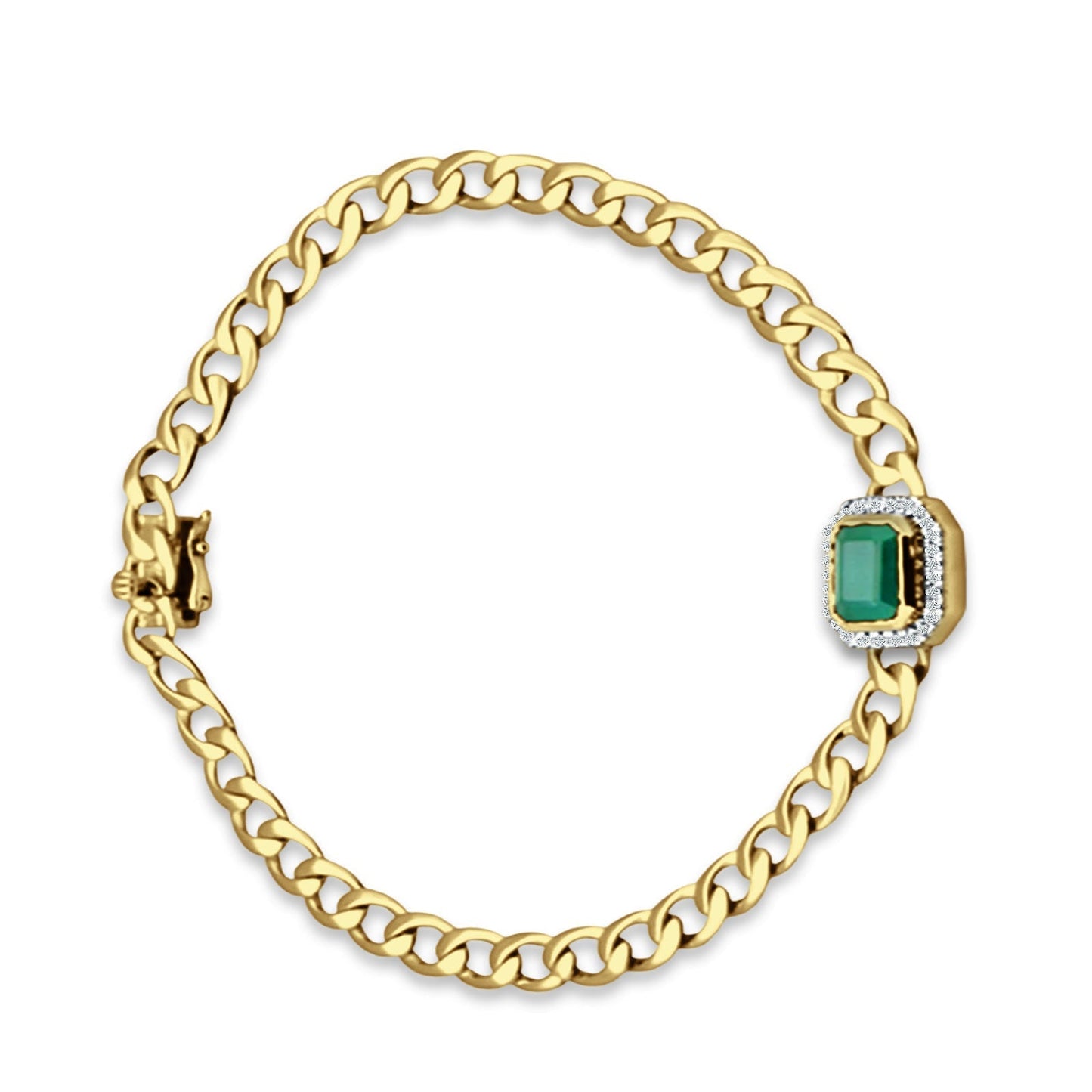 14K Yellow Gold 7Inches Link Chain Cuban Bracelet Green Emerald Cut Halo Diamond