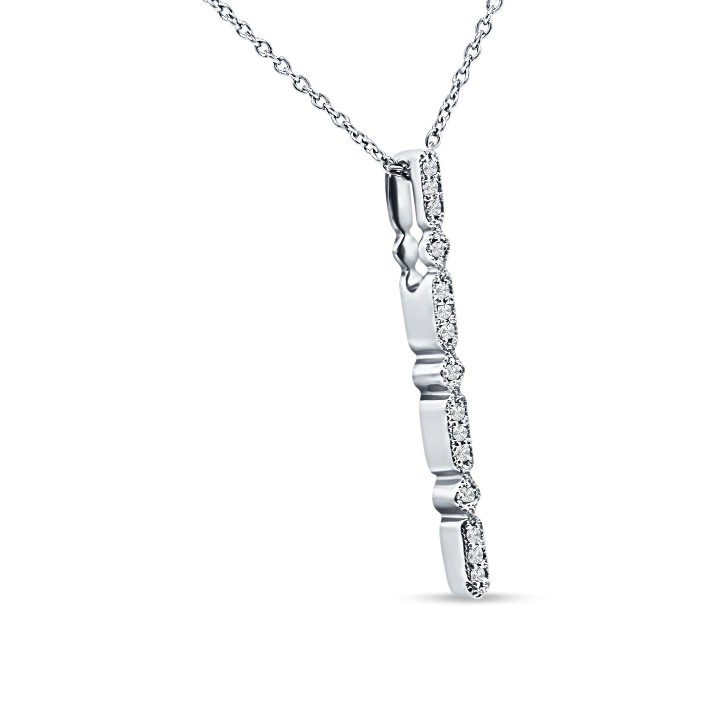 14K White Gold 0.08ct Diamond Drop Vertical Bar Pendant Chain Necklace 18" Long Wholesale