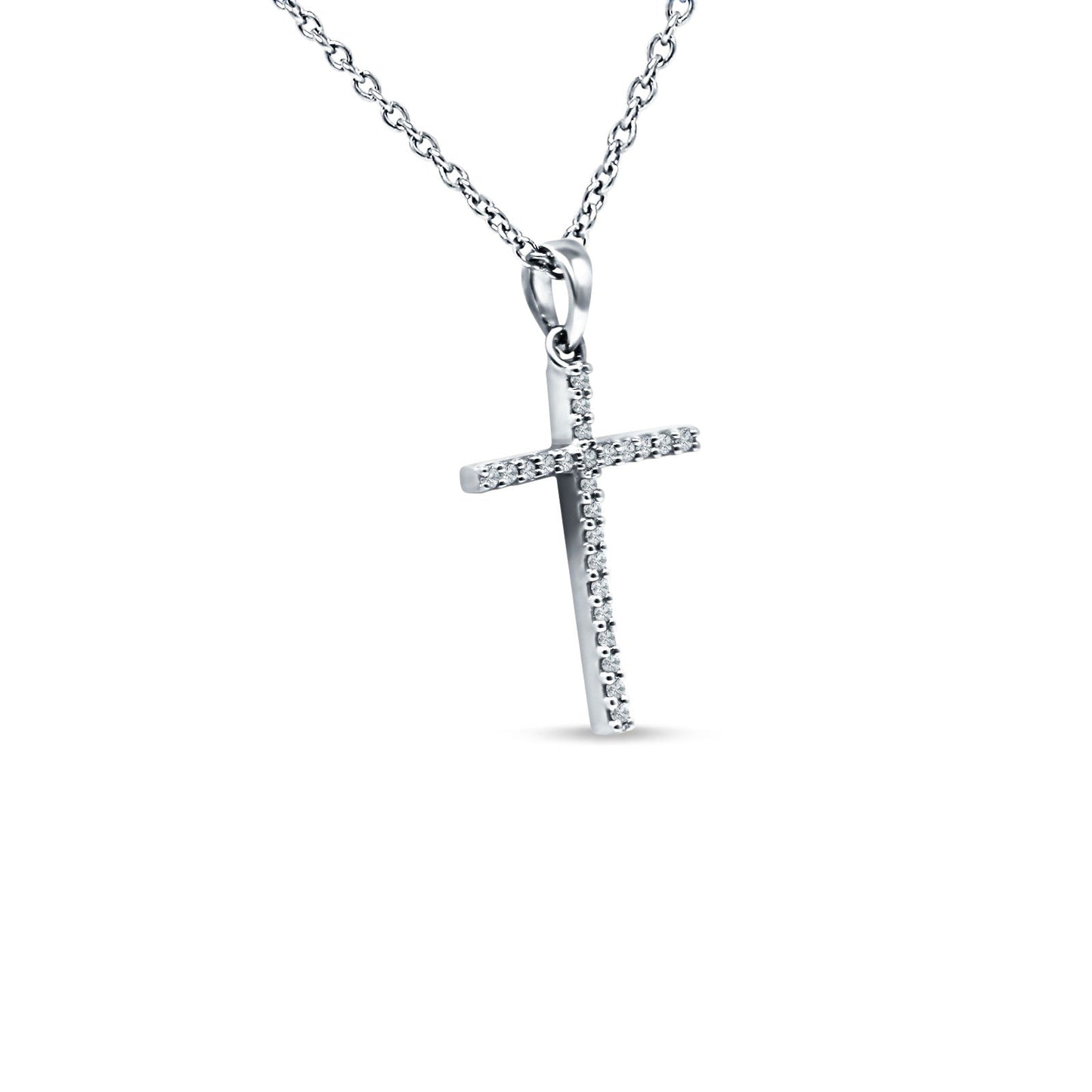 14K White Gold 0.05ct Diamond Cross Pendant Necklace 18" Long Wholesale