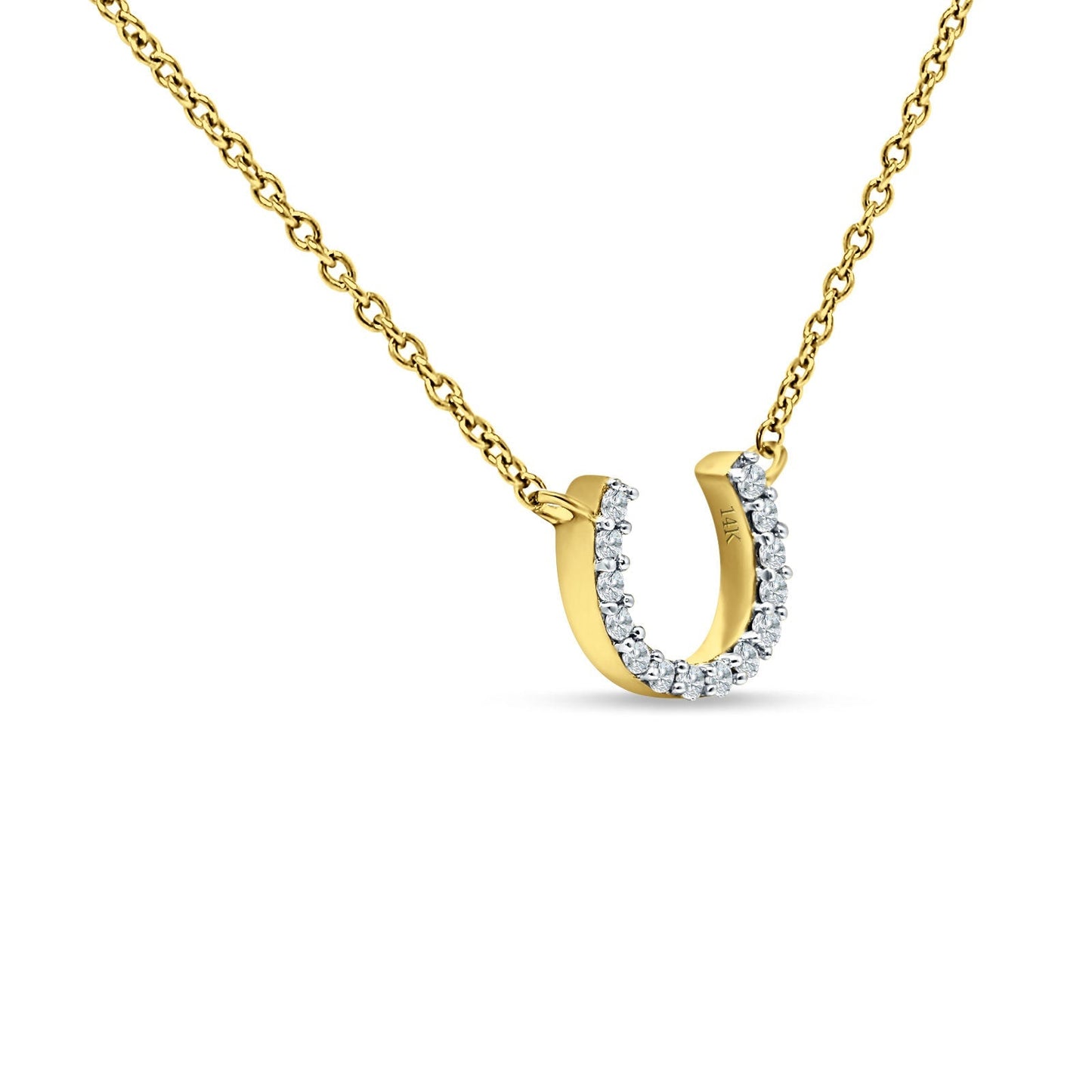 14K Yellow Gold 0.06ct Diamond Horseshoe Necklace 18 inch Long Wholesale