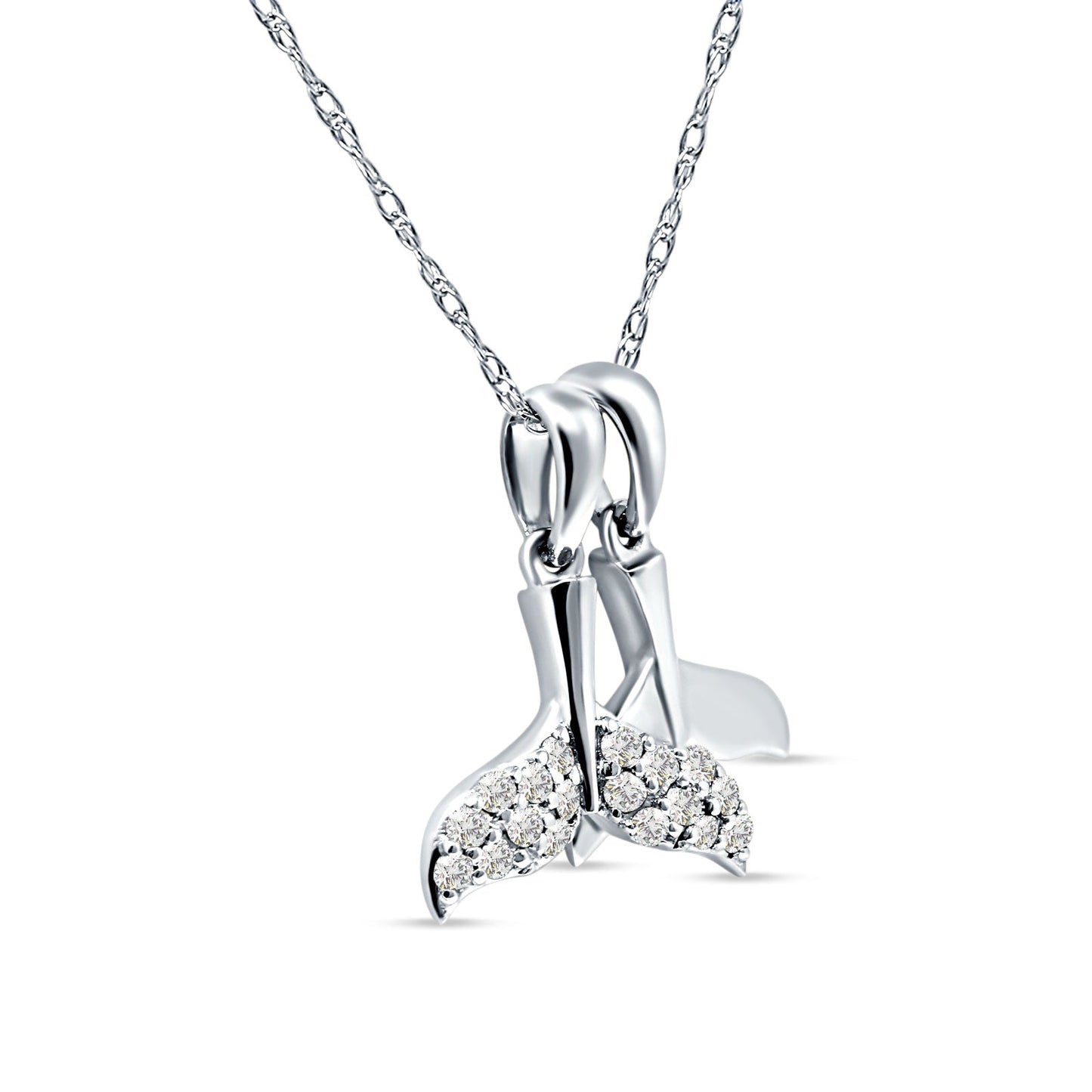 Whale Tail Necklace 14k White Gold 0.15ct diamond 18 Inch Long Wholesale