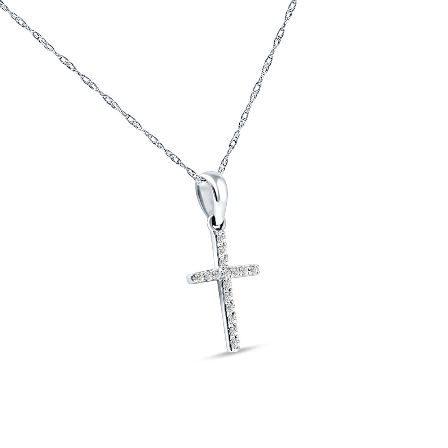 14K White Gold 0.10ct Cross Diamond Pendant Chain Necklace 18" Long Wholesale