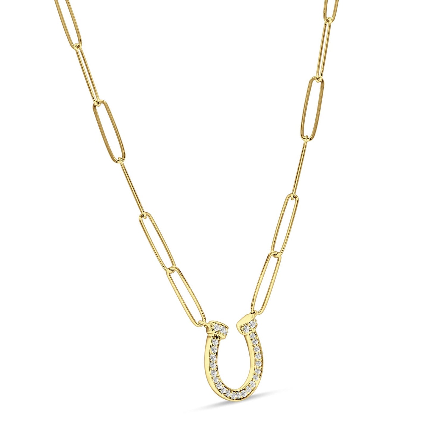 Diamond Horseshoe Necklace Paper Clips Chain 14K Yellow Gold 0.13ct Wholesale