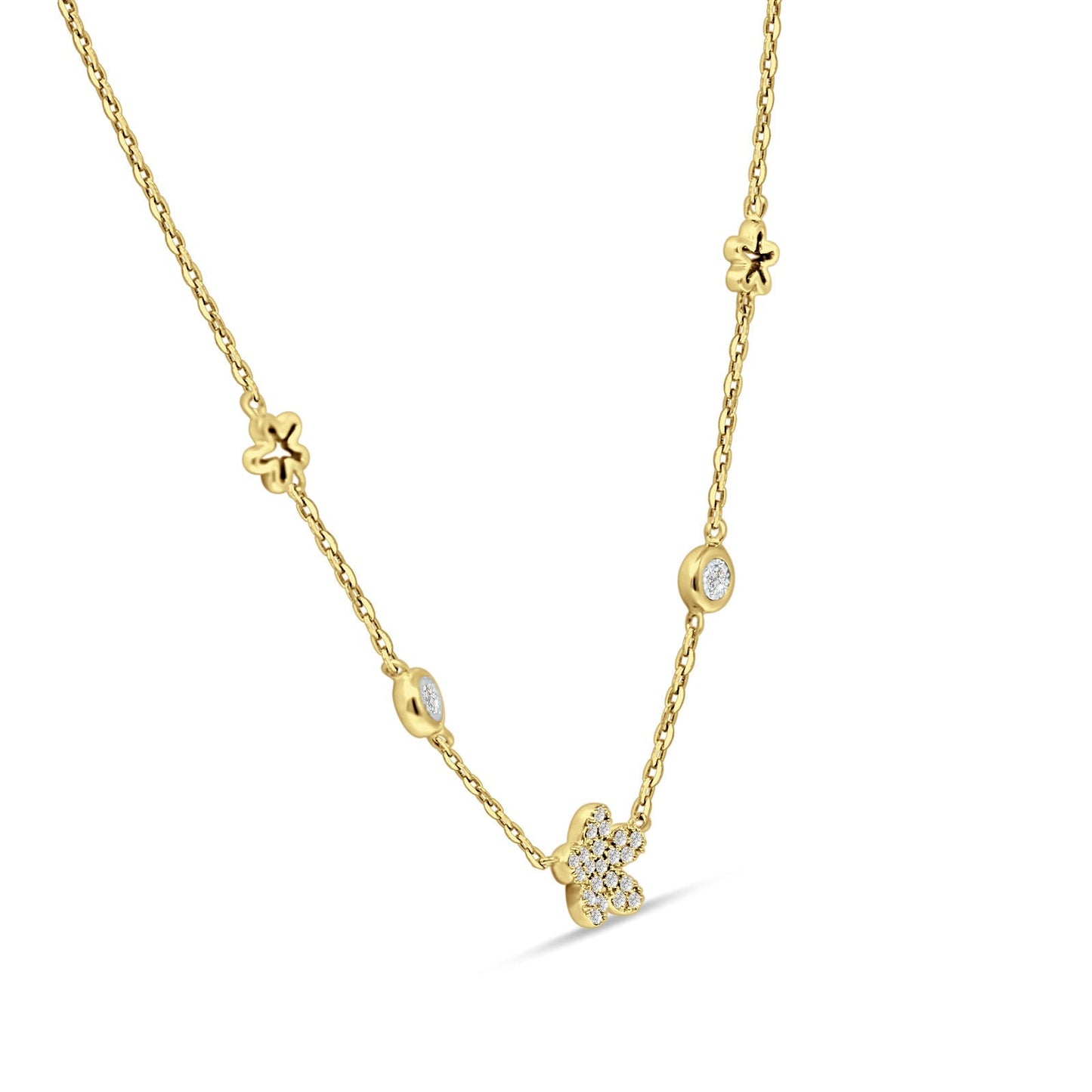 Diamond Flower Star Pendant Necklace 14K Yellow Gold 0.09ct Wholesale