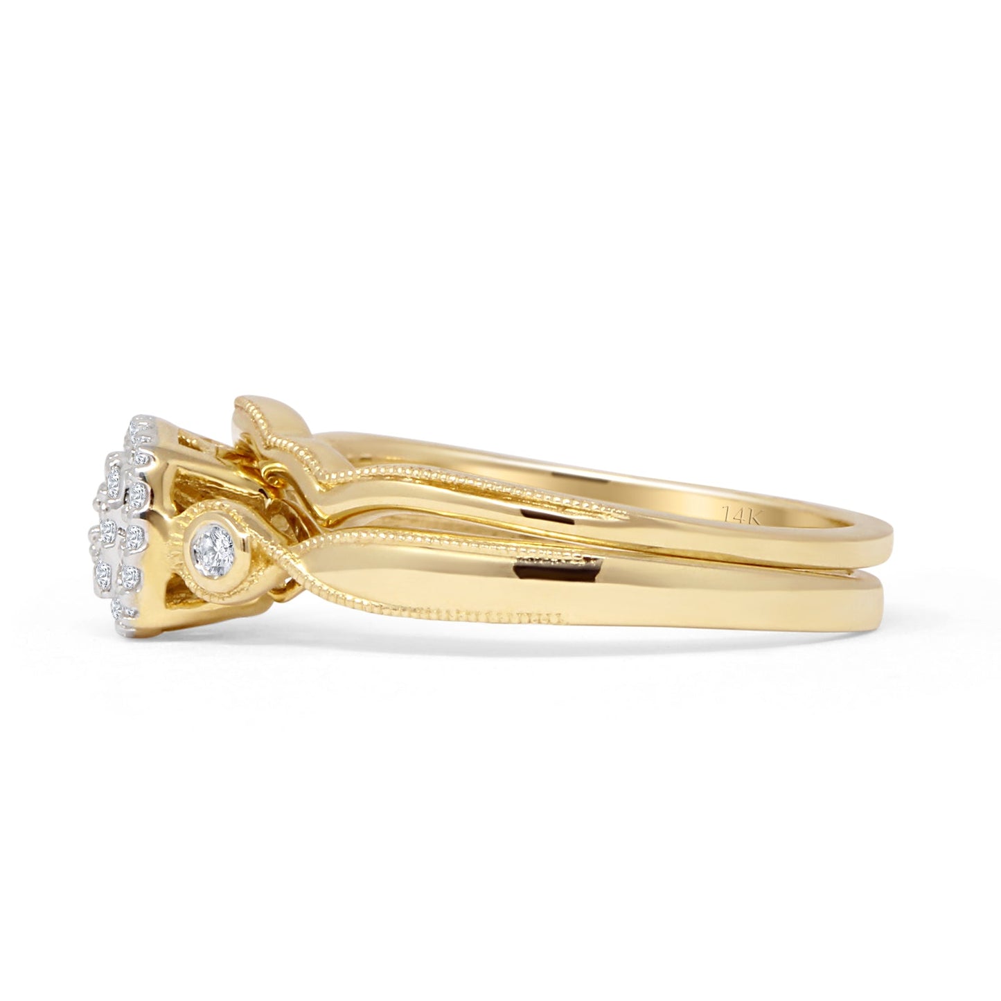 Halo Diamond Cushion Ring Set Twisted Milgrain 14K Yellow Gold 0.19ct Wholesale