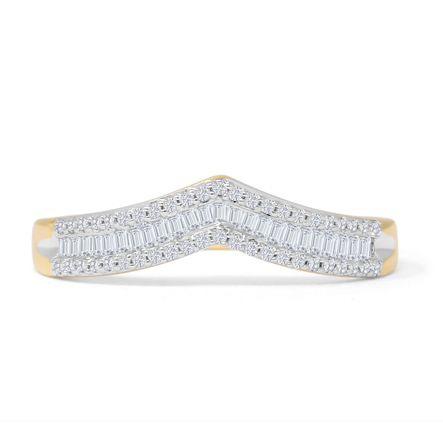 Contour Chevron Ring 0.25ct Baguette & Round Natural Diamond 14K Yellow Gold Wholesale