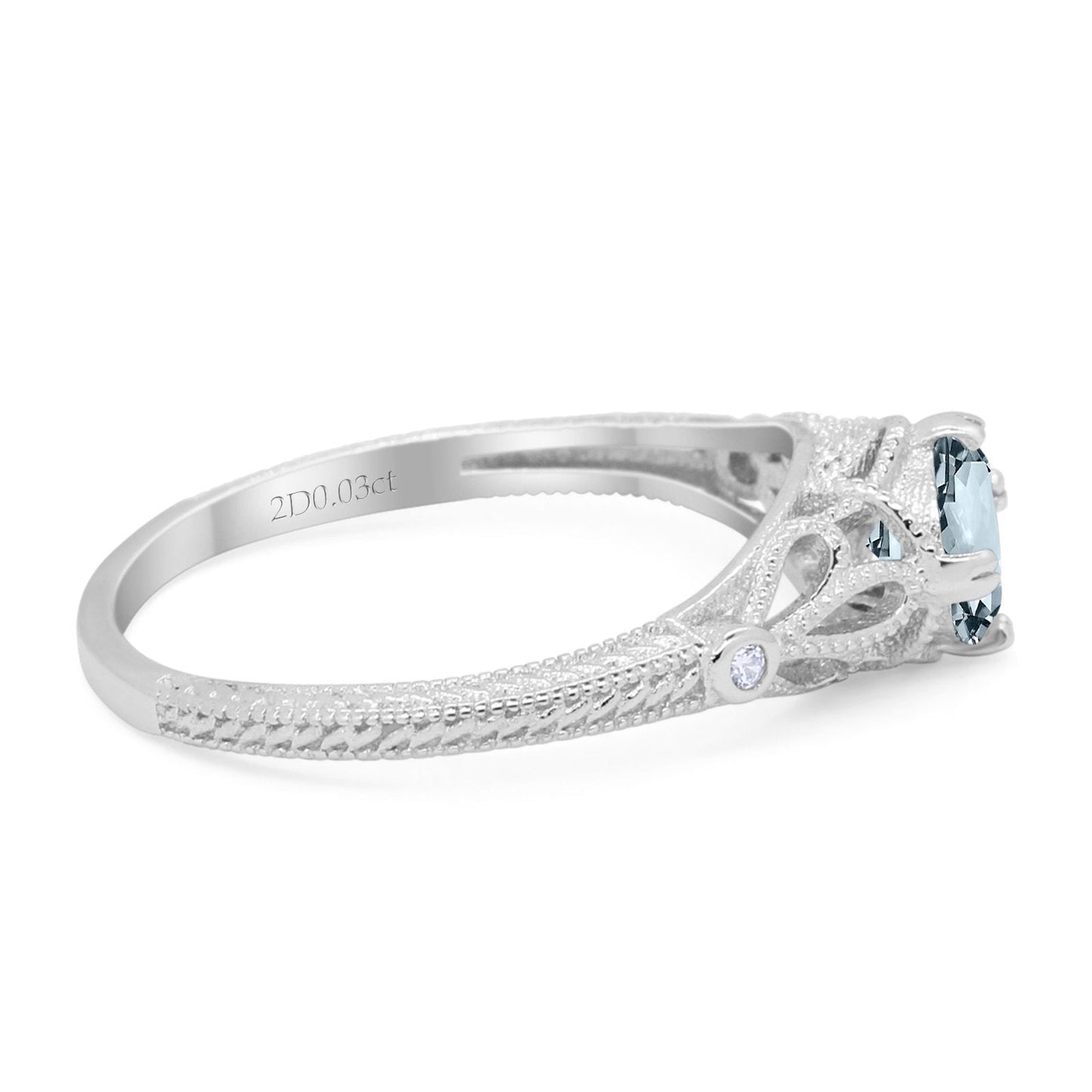 14K White Gold 0.87ct Vintage Design Solitaire Round 6mm G SI Natural Aquamarine Diamond Engagement Wedding Ring Size 6.5