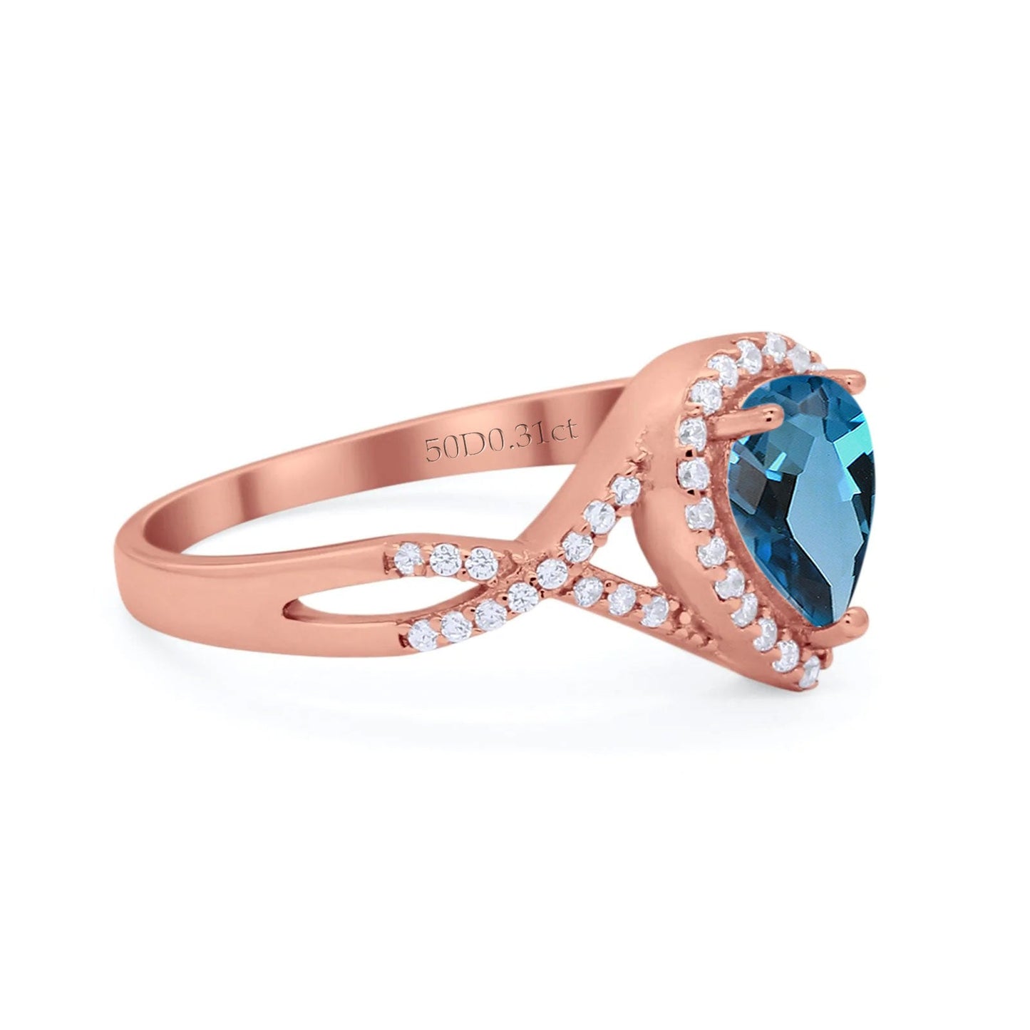 14K Rose Gold 1.56ct Teardrop Pear Infinity 11mm G SI London Blue Topaz Diamond Engagement Wedding Ring Size 6.5