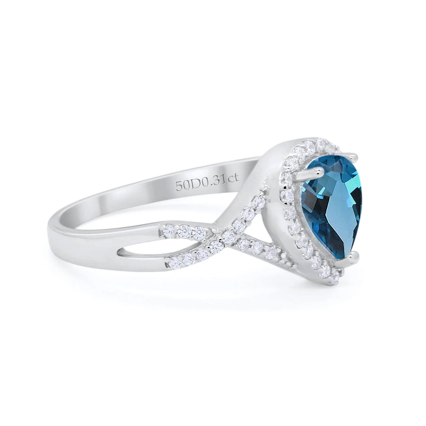 14K White Gold 1.56ct Teardrop Pear Infinity 11mm G SI London Blue Topaz Diamond Engagement Wedding Ring Size 6.5