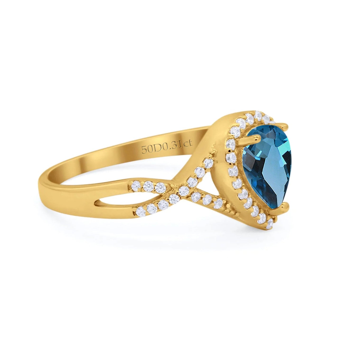 14K Yellow Gold 1.56ct Teardrop Pear Infinity 11mm G SI London Blue Topaz Diamond Engagement Wedding Ring Size 6.5