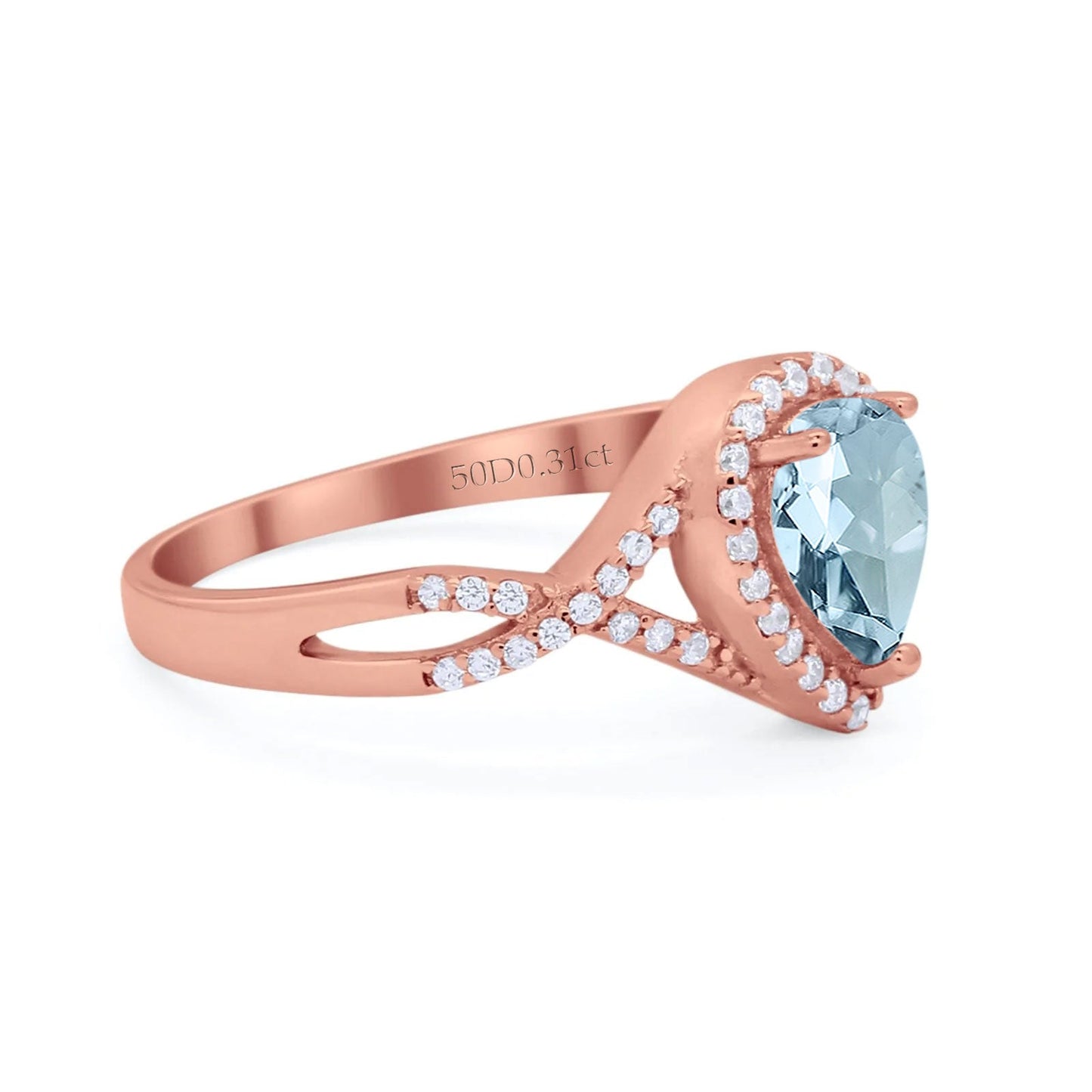 14K Rose Gold 1.56ct Teardrop Pear Infinity 11mm G SI Natural Aquamarine Diamond Engagement Wedding Ring Size 6.5