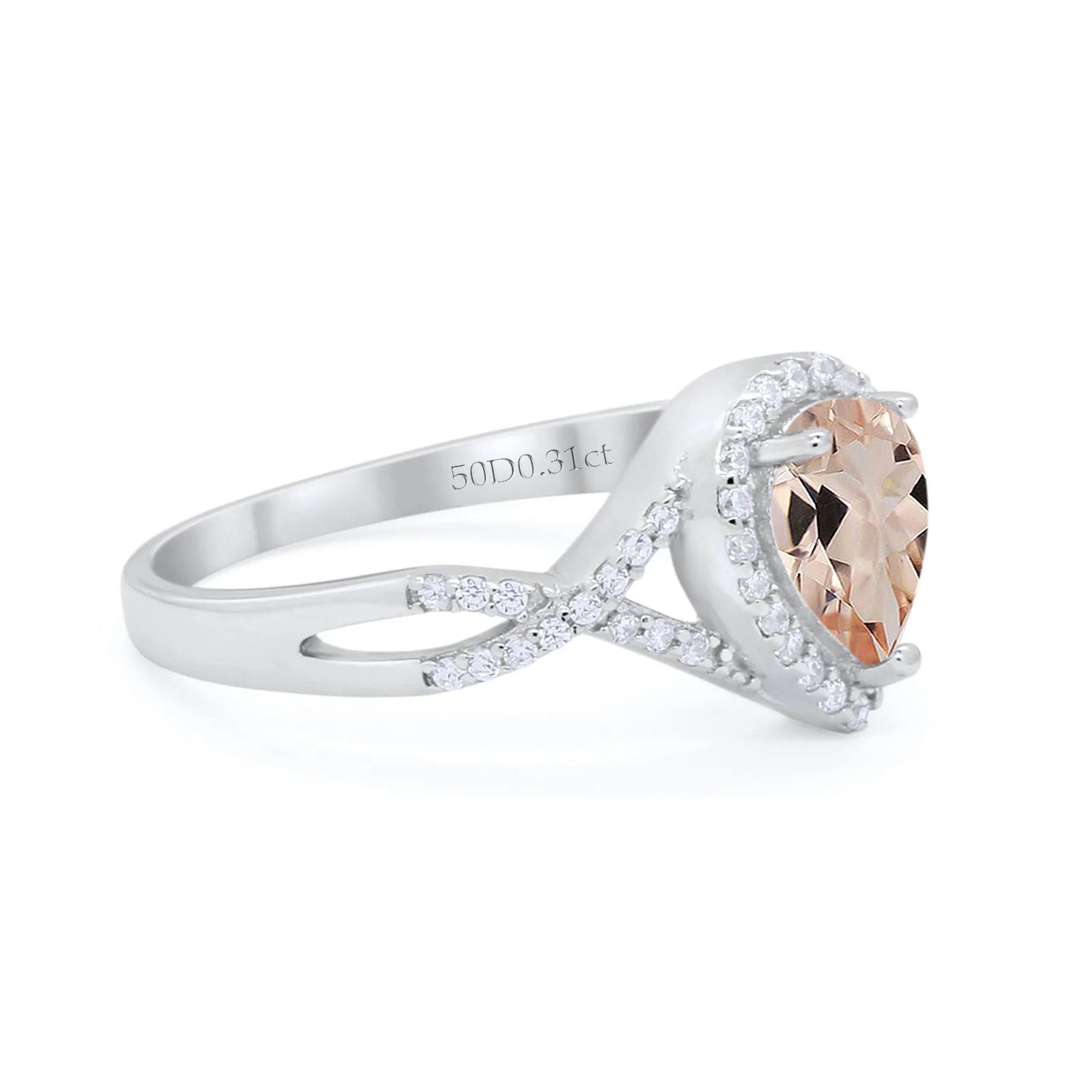 14K White Gold 1.56ct Teardrop Pear Infinity 11mm G SI Natural Morganite Diamond Engagement Wedding Ring Size 6.5