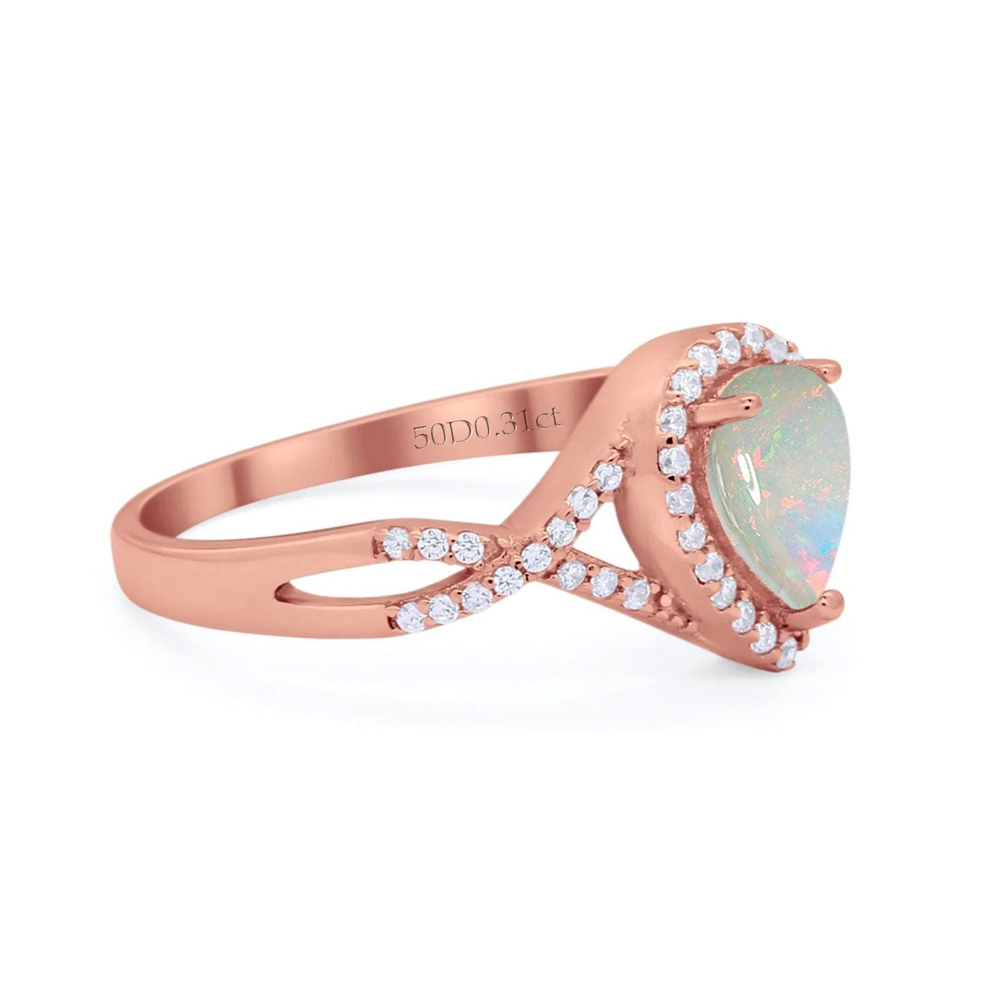 14K Rose Gold 0.31ct Teardrop Pear Infinity 11mm G SI Natural White Opal Diamond Engagement Wedding Ring Size 6.5