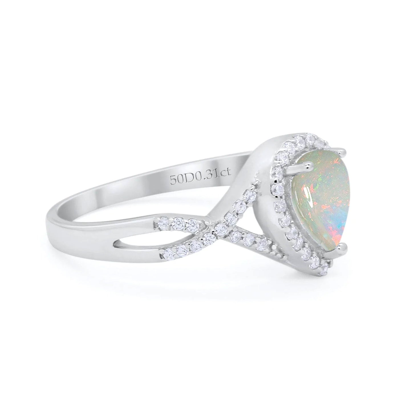 14K White Gold 0.31ct Teardrop Pear Infinity 11mm G SI Natural White Opal Diamond Engagement Wedding Ring Size 6.5