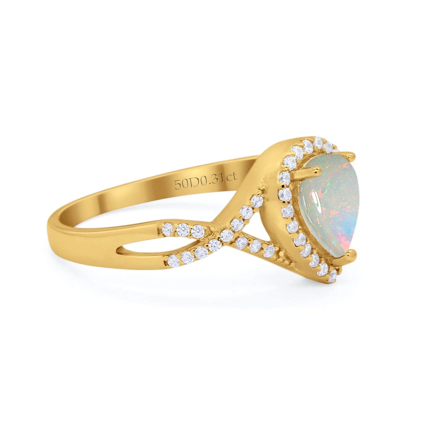 14K Yellow Gold 0.31ct Teardrop Pear Infinity 11mm G SI Natural White Opal Diamond Engagement Wedding Ring Size 6.5