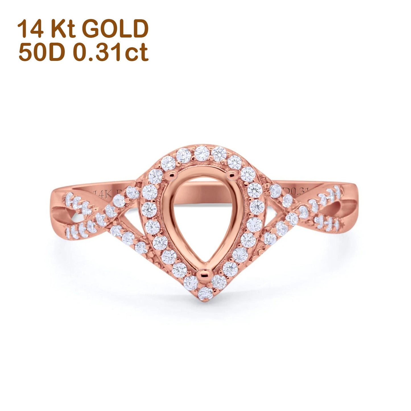 14K Rose Gold 0.31ct Teardrop Pear Infinity Round 11mm G SI Semi Mount Diamond Engagement Wedding Ring Size 6.5