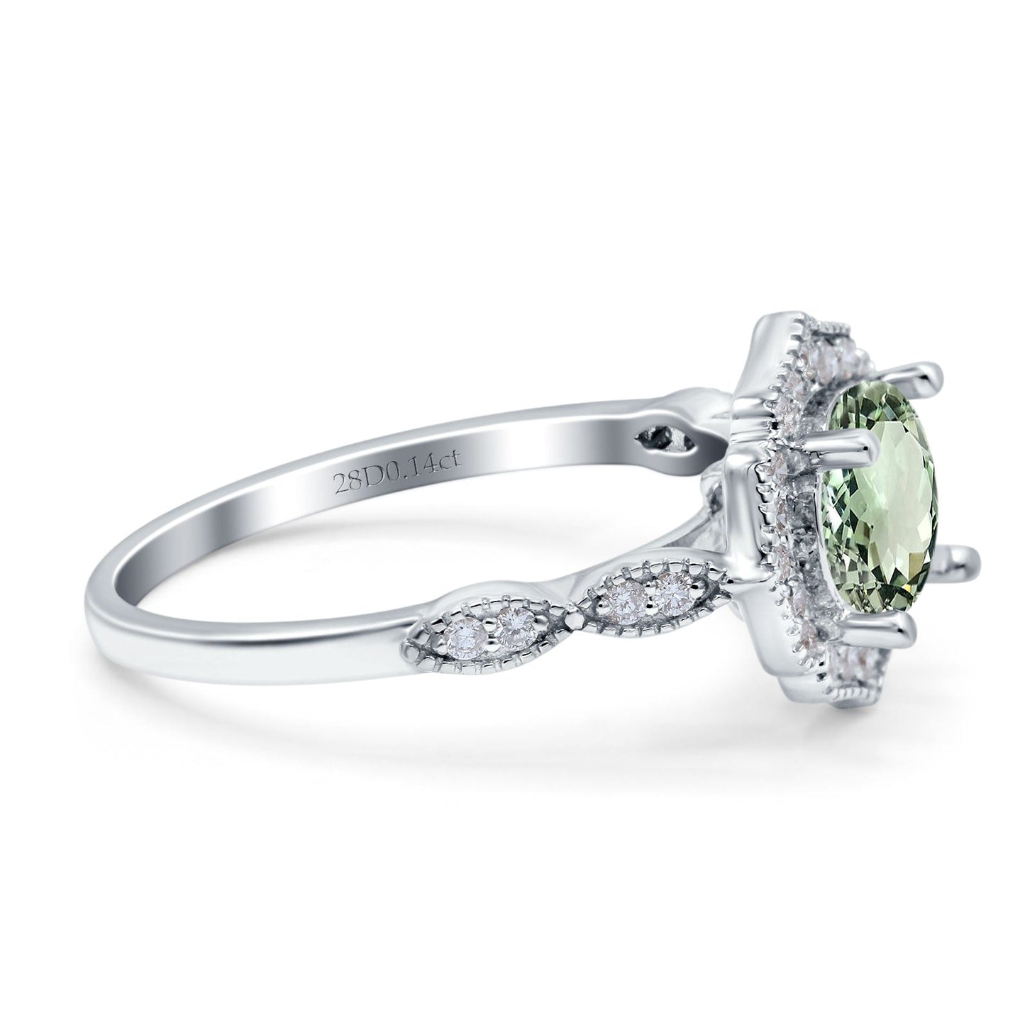 14K White Gold 1.42ct Art Deco Round 7mm G SI Natural Green Amethyst Diamond Engagement Wedding Ring Size 6.5