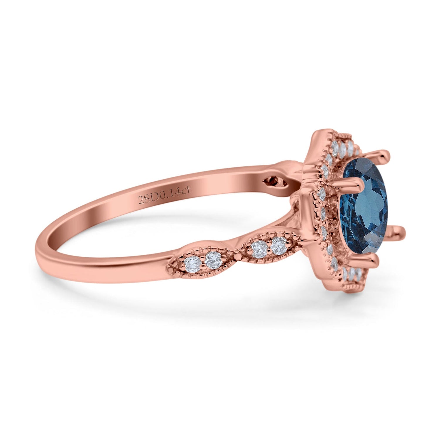 14K Rose Gold 1.42ct Art Deco Round 7mm G SI London Blue Topaz Diamond Engagement Wedding Ring Size 6.5