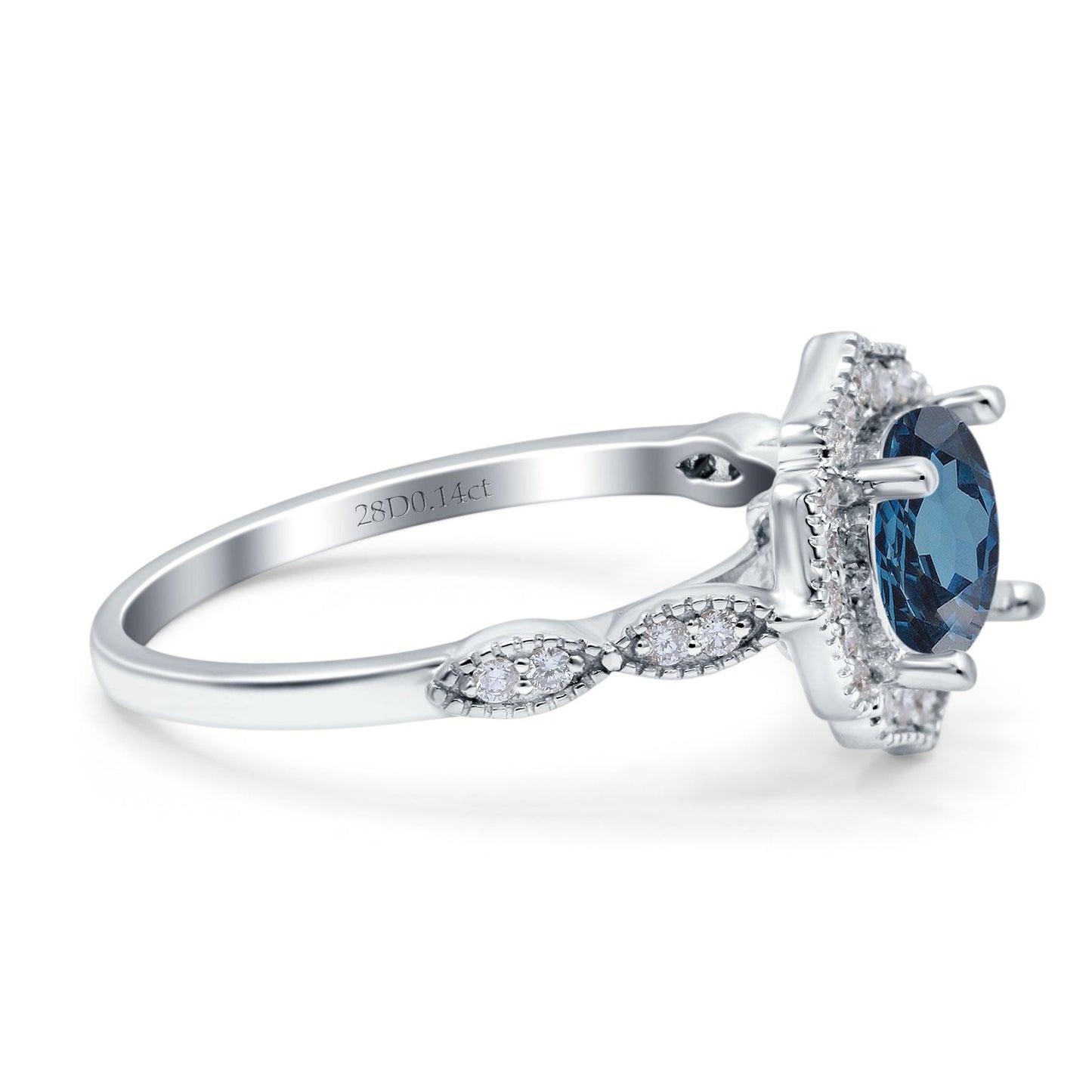 14K White Gold 1.42ct Art Deco Round 7mm G SI London Blue Topaz Diamond Engagement Wedding Ring Size 6.5