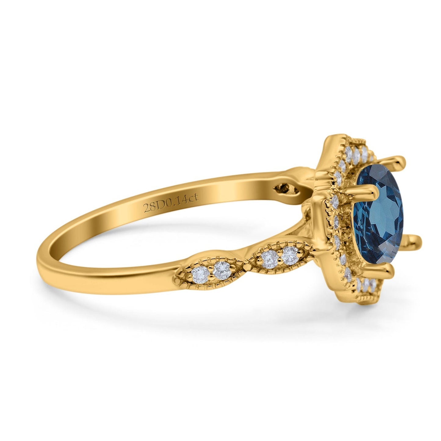 14K Yellow Gold 1.42ct Art Deco Round 7mm G SI London Blue Topaz Diamond Engagement Wedding Ring Size 6.5