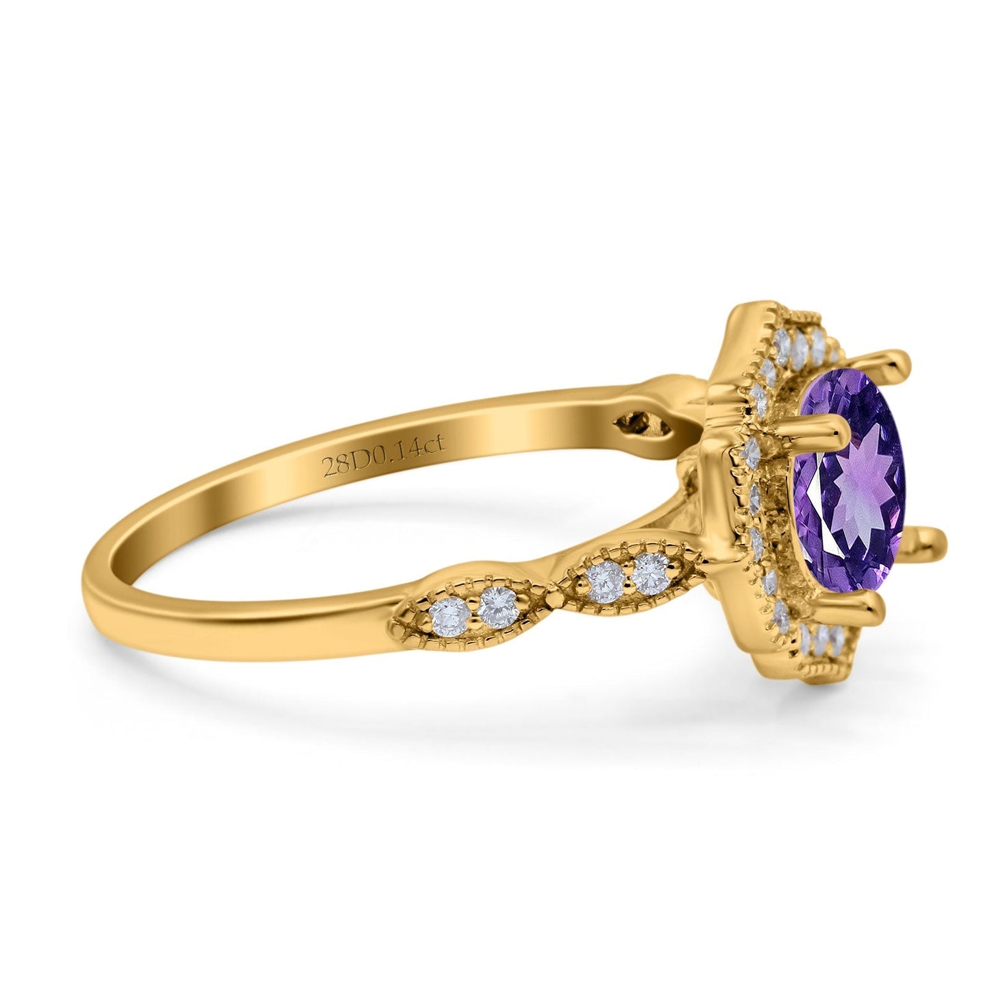 14K Yellow Gold 1.42ct Art Deco Round 7mm G SI Natural Amethyst Diamond Engagement Wedding Ring Size 6.5