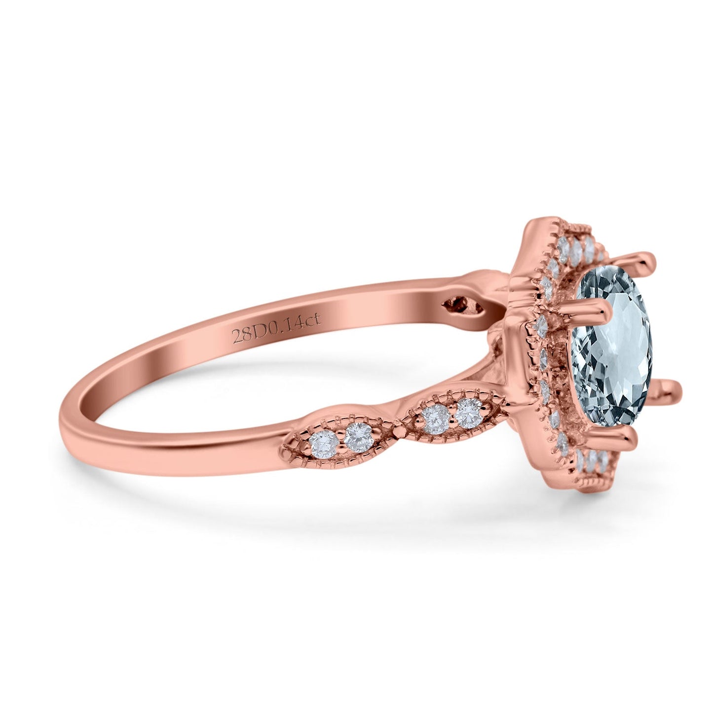 14K Rose Gold 1.42ct Art Deco Round 7mm G SI Natural Aquamarine Diamond Engagement Wedding Ring Size 6.5