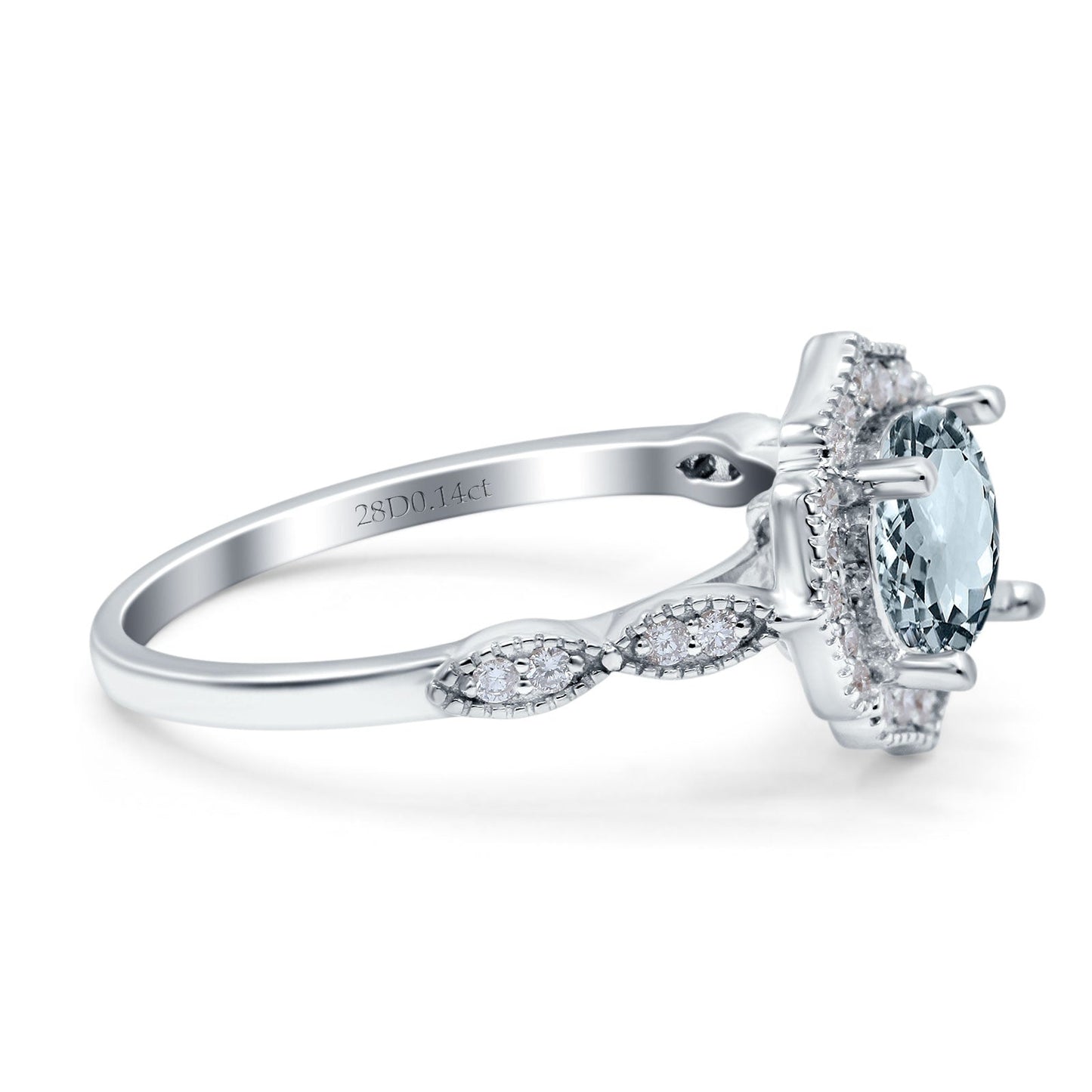 14K White Gold 1.42ct Art Deco Round 7mm G SI Natural Aquamarine Diamond Engagement Wedding Ring Size 6.5