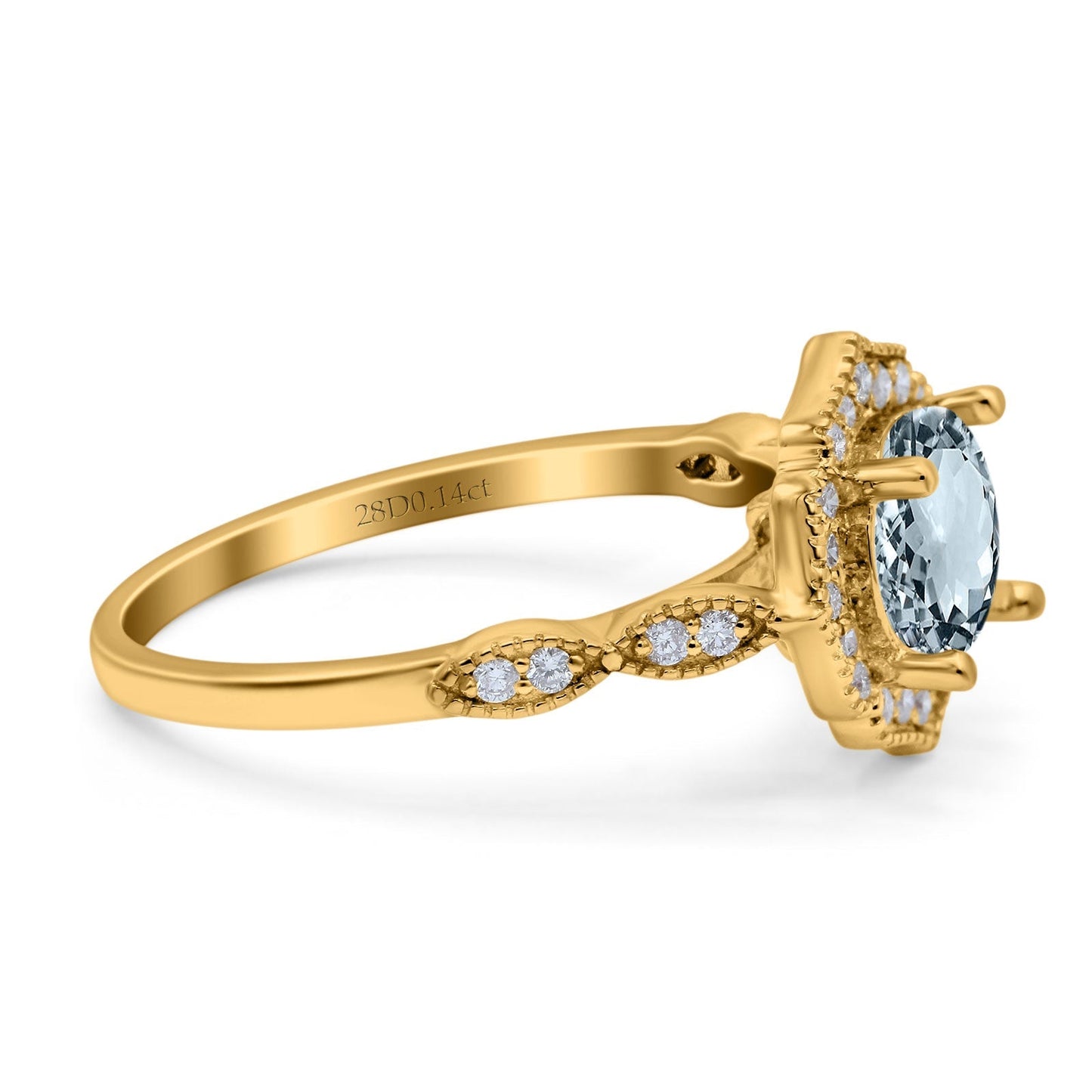 14K Yellow Gold 1.42ct Art Deco Round 7mm G SI Natural Aquamarine Diamond Engagement Wedding Ring Size 6.5