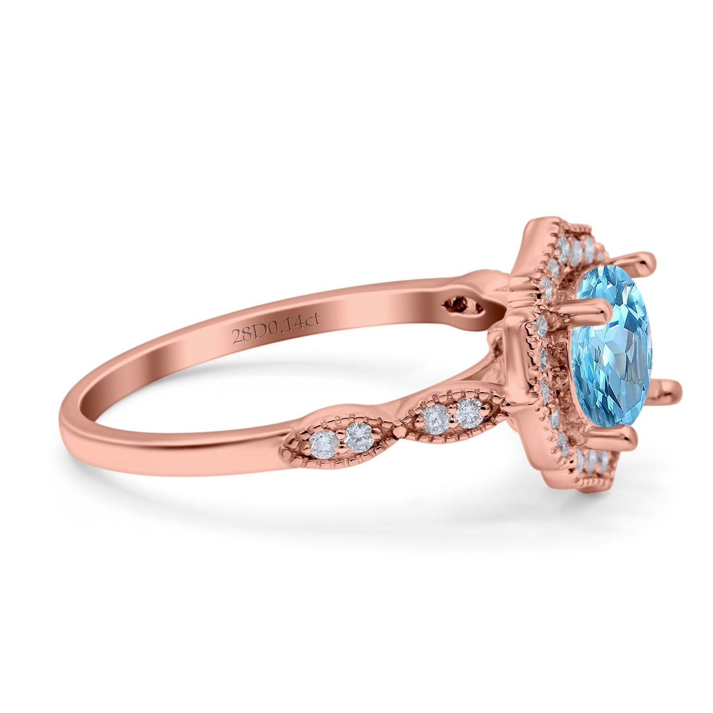 14K Rose Gold 1.42ct Art Deco Round 7mm G SI Natural Blue Topaz Diamond Engagement Wedding Ring Size 6.5