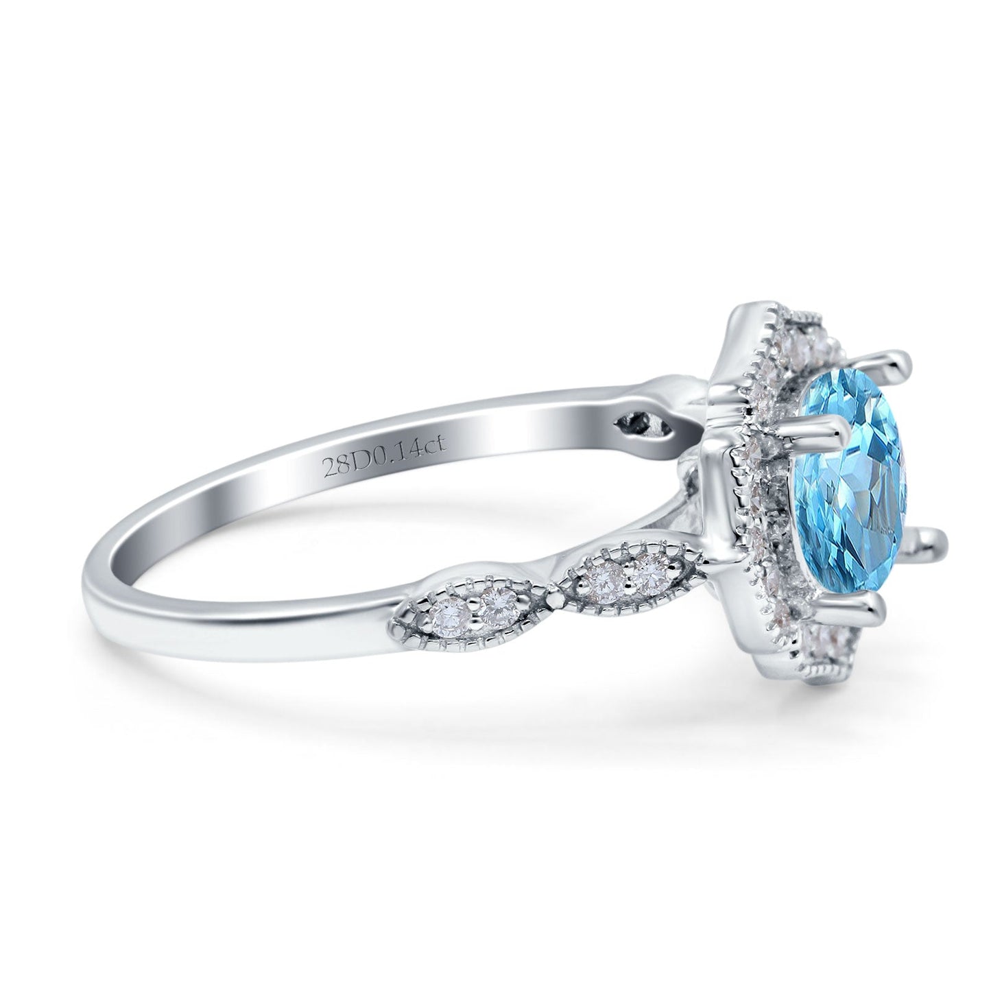 14K White Gold 1.42ct Art Deco Round 7mm G SI Natural Blue Topaz Diamond Engagement Wedding Ring Size 6.5