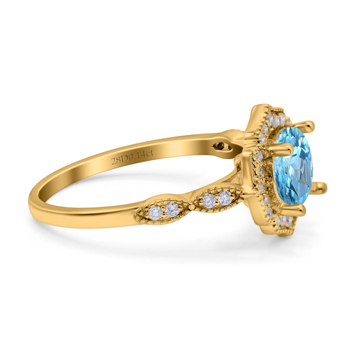 14K Yellow Gold 1.42ct Art Deco Round 7mm G SI Natural Blue Topaz Diamond Engagement Wedding Ring Size 6.5