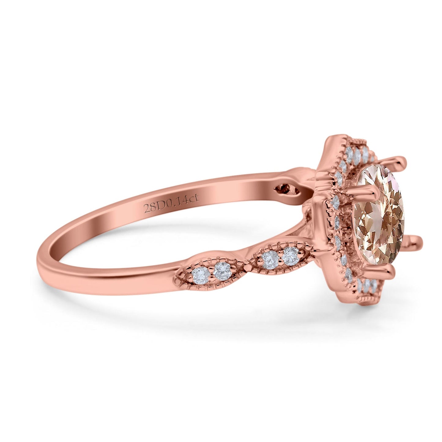 Bague de fiançailles en or rose 14 carats 1,42 ct Art déco ronde 7 mm G SI avec diamant morganite naturel taille 6,5