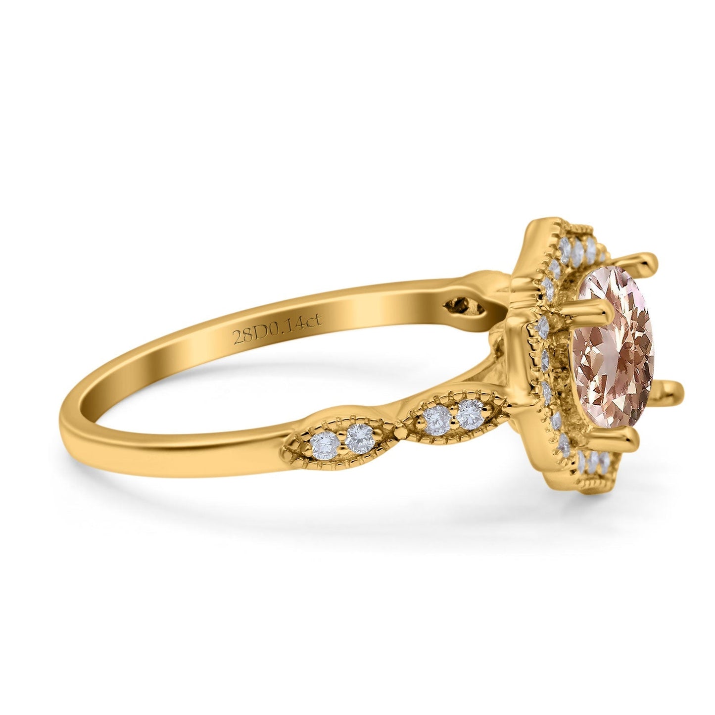 14K Yellow Gold 1.42ct Art Deco Round 7mm G SI Natural Morganite Diamond Engagement Wedding Ring Size 6.5