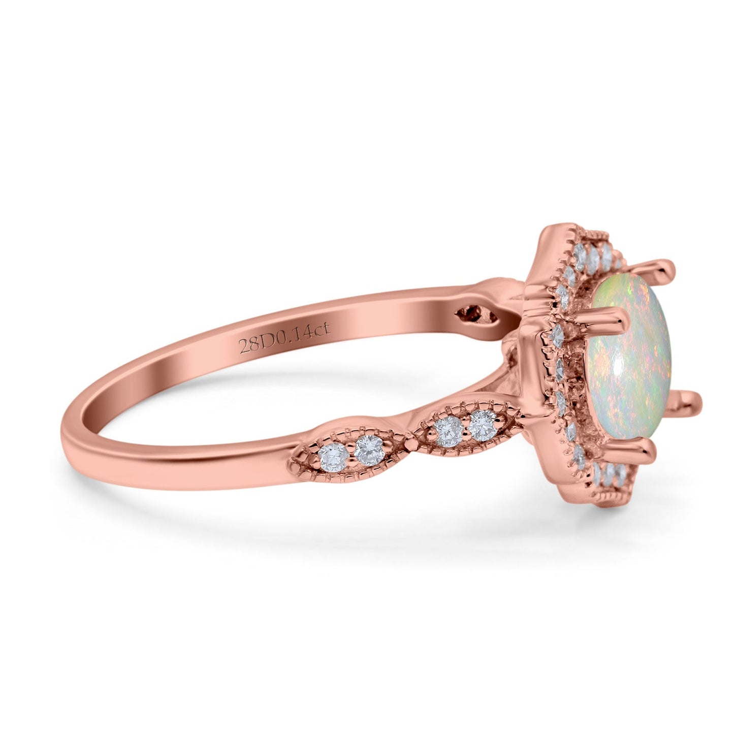 14K Rose Gold 0.14ct Art Deco Round 7mm G SI Natural White Opal Diamond Engagement Wedding Ring Size 6.5