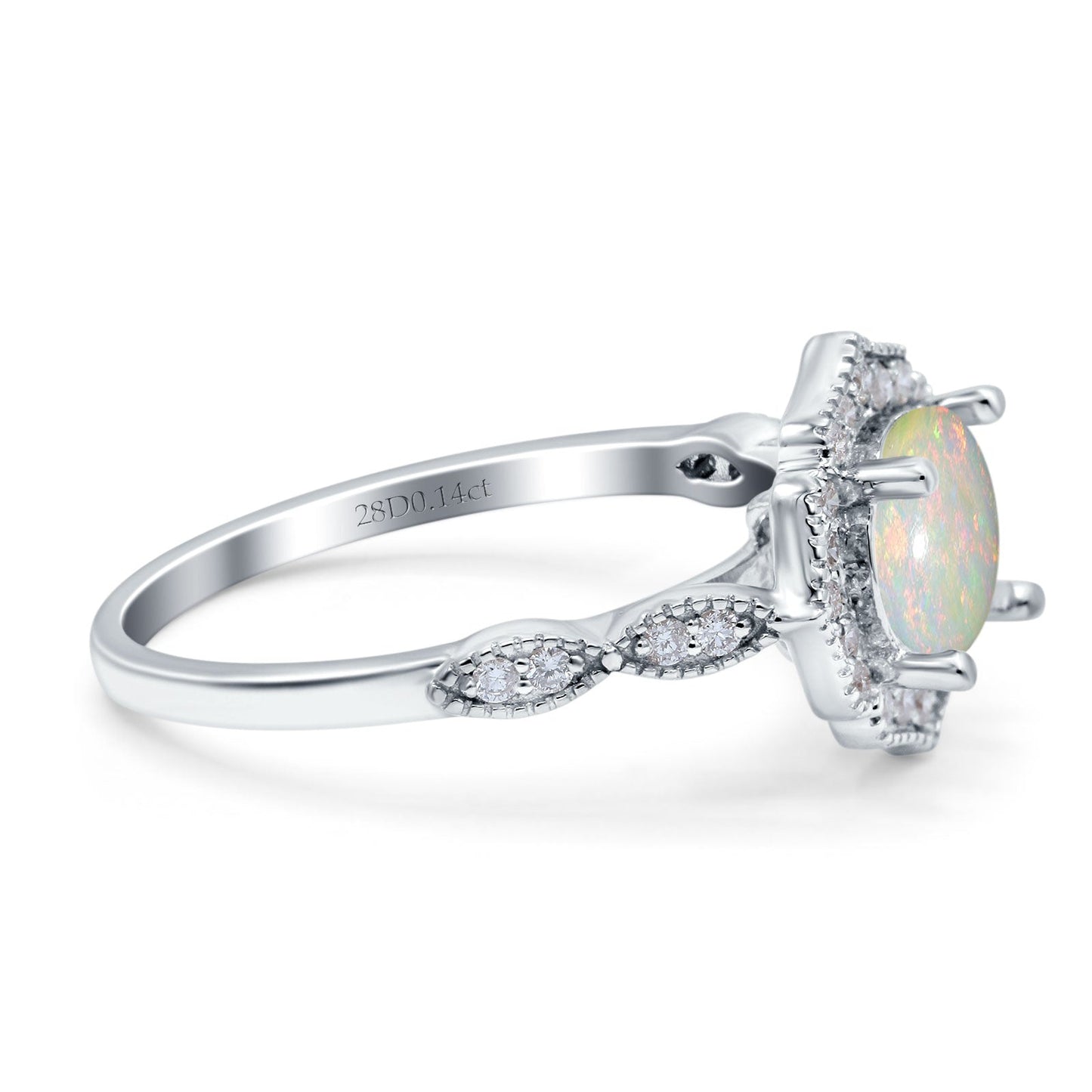 14K White Gold 0.14ct Art Deco Round 7mm G SI Natural White Opal Diamond Engagement Wedding Ring Size 6.5