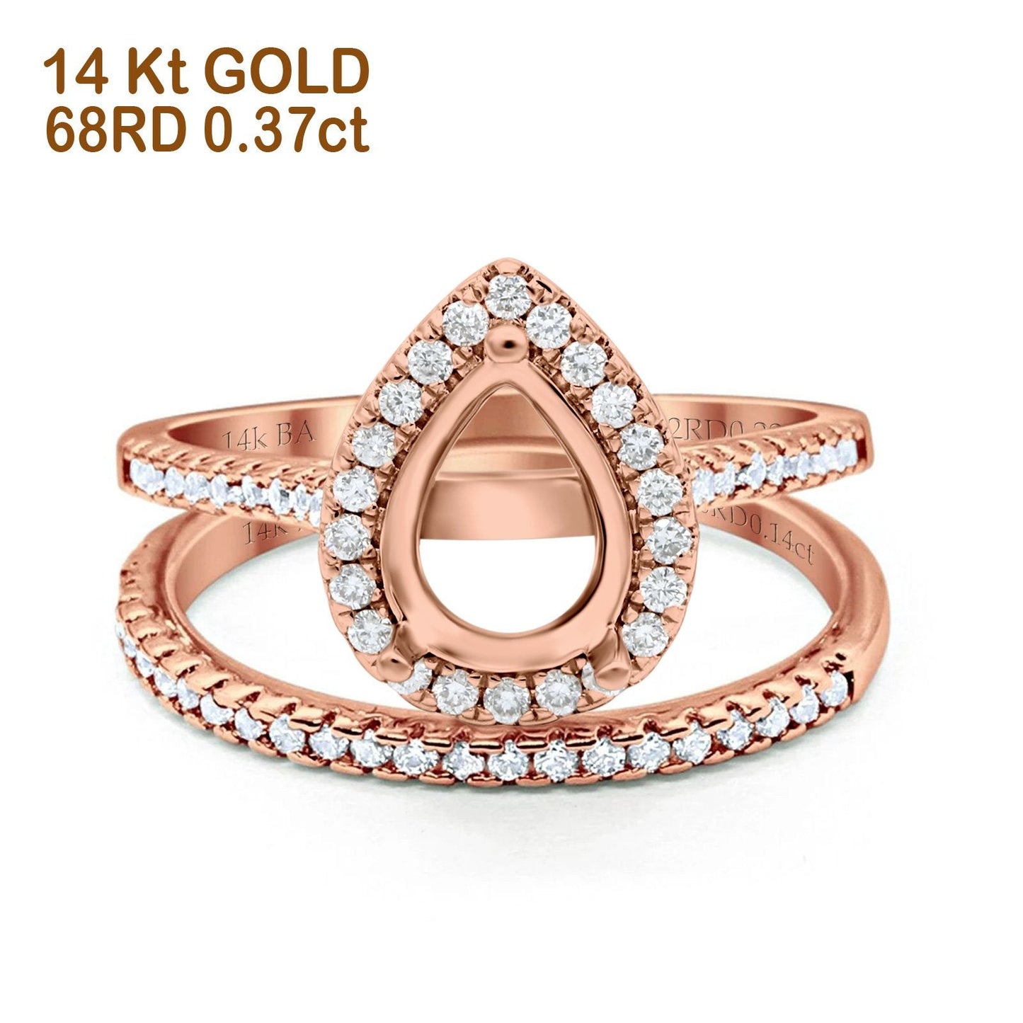 14K Rose Gold 0.37ct Teardrop Pear 8mmx6mm G SI Semi Mount Diamond Engagement Bridal Wedding Ring Size 6.5