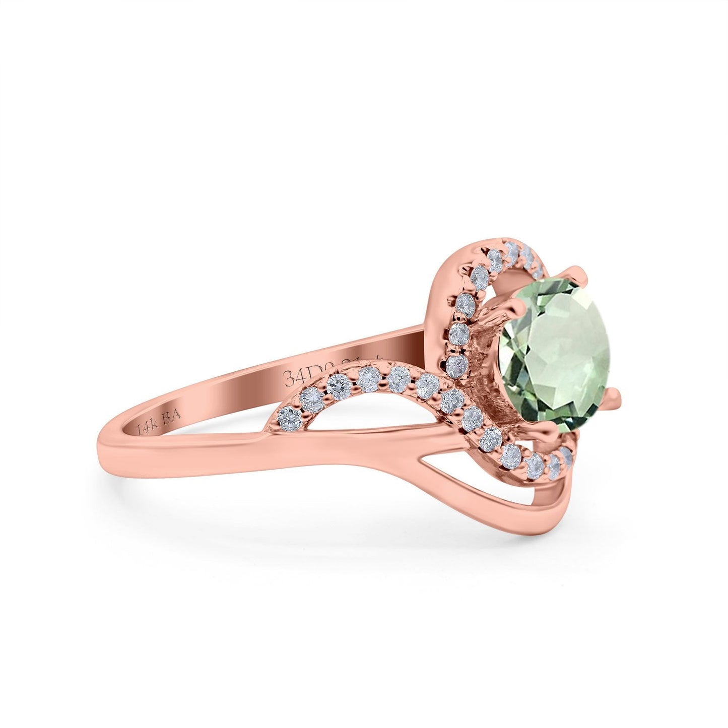 14K Rose Gold 1.49ct Art Deco Round 7mm G SI Natural Green Amethyst Diamond Engagement Wedding Ring Size 6.5