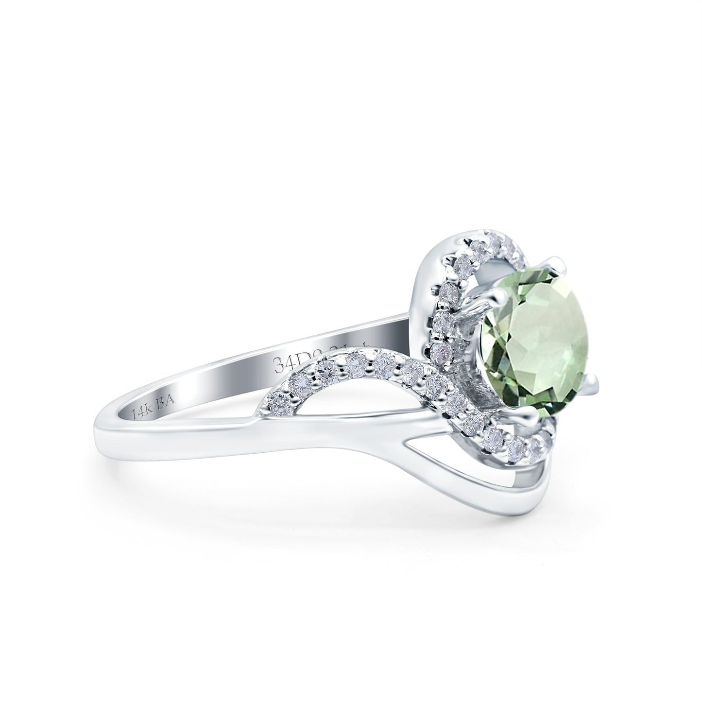 14K White Gold 1.49ct Art Deco Round 7mm G SI Natural Green Amethyst Diamond Engagement Wedding Ring Size 6.5