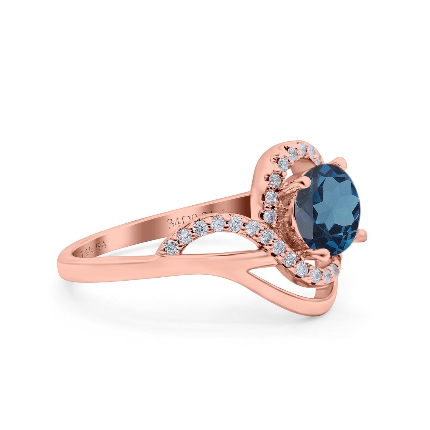 14K Rose Gold 1.49ct Art Deco Round 7mm G SI London Blue Topaz Diamond Engagement Wedding Ring Size 6.5