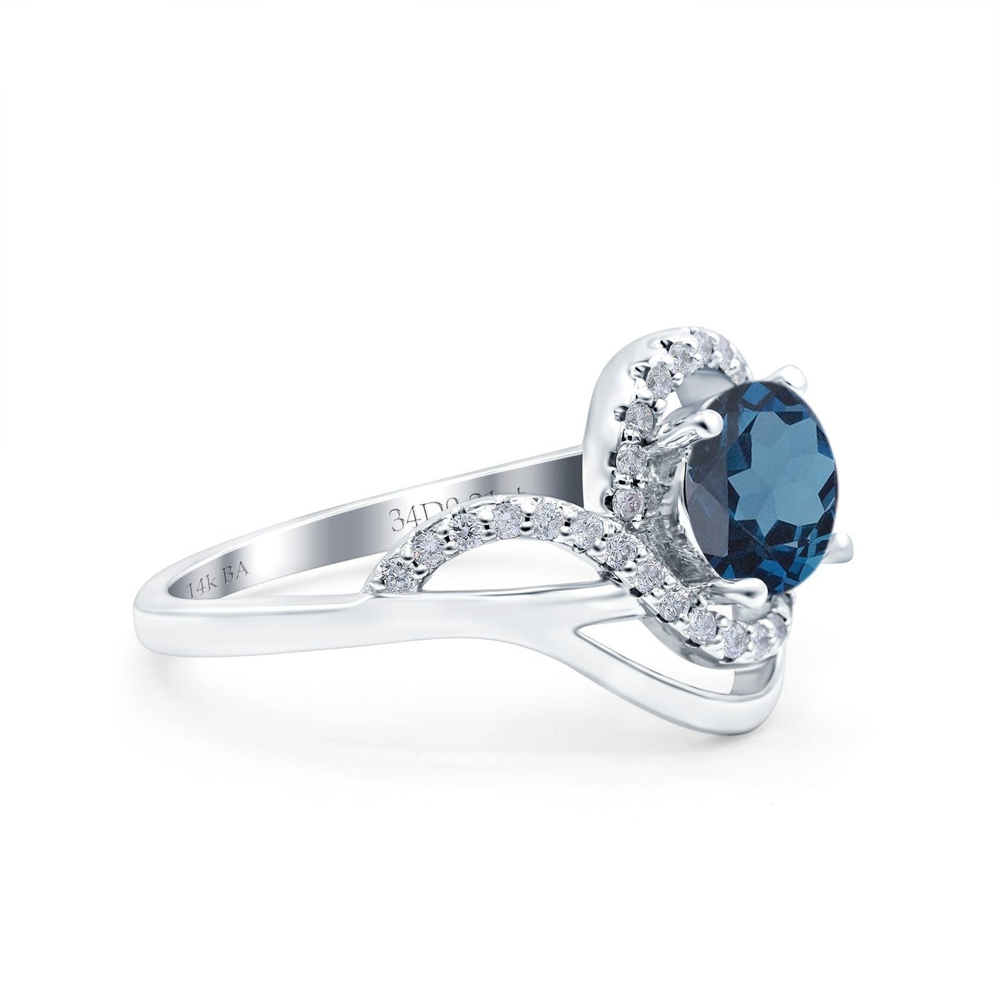 14K White Gold 1.49ct Art Deco Round 7mm G SI London Blue Topaz Diamond Engagement Wedding Ring Size 6.5