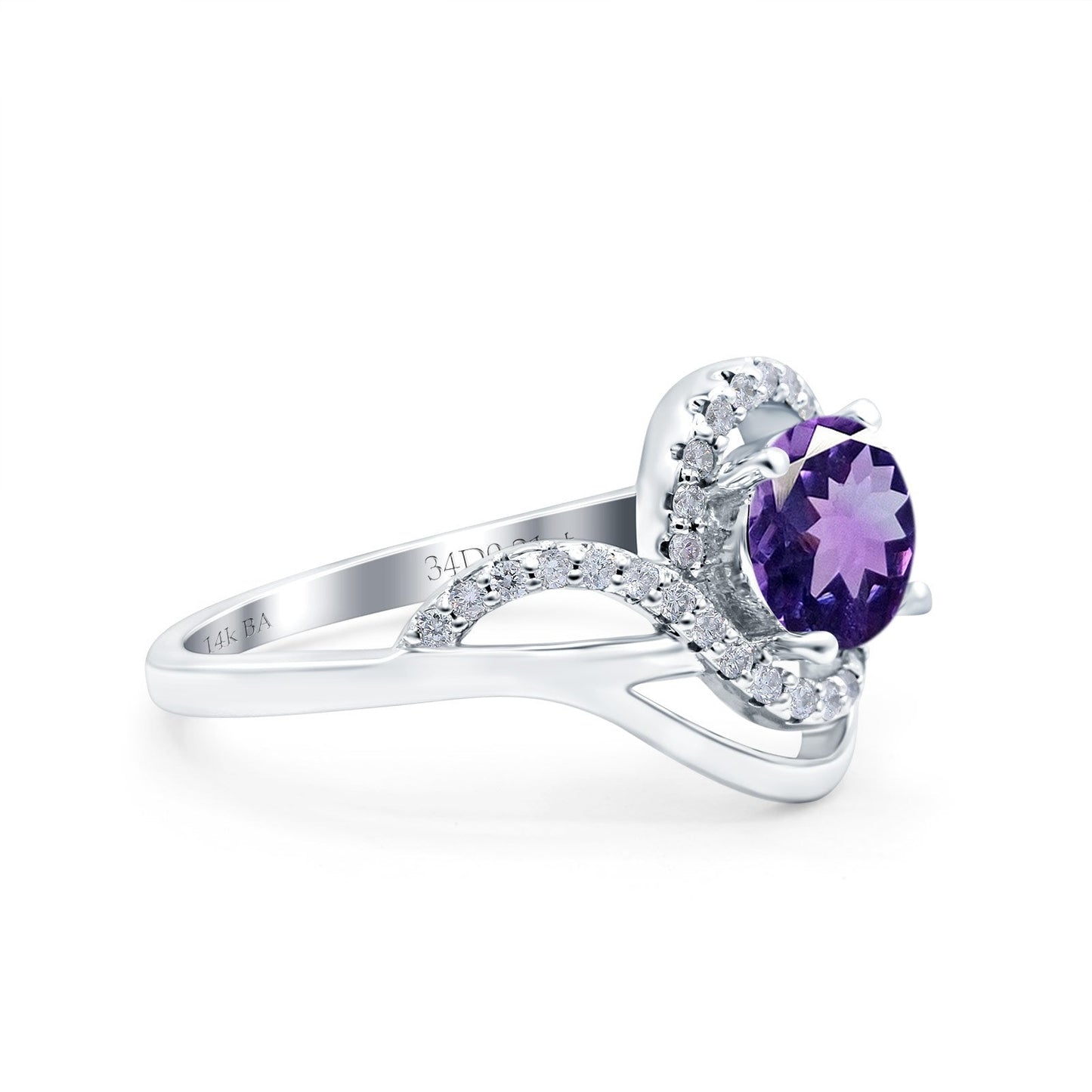 14K White Gold 1.49ct Art Deco Round 7mm G SI Natural Amethyst Diamond Engagement Wedding Ring Size 6.5