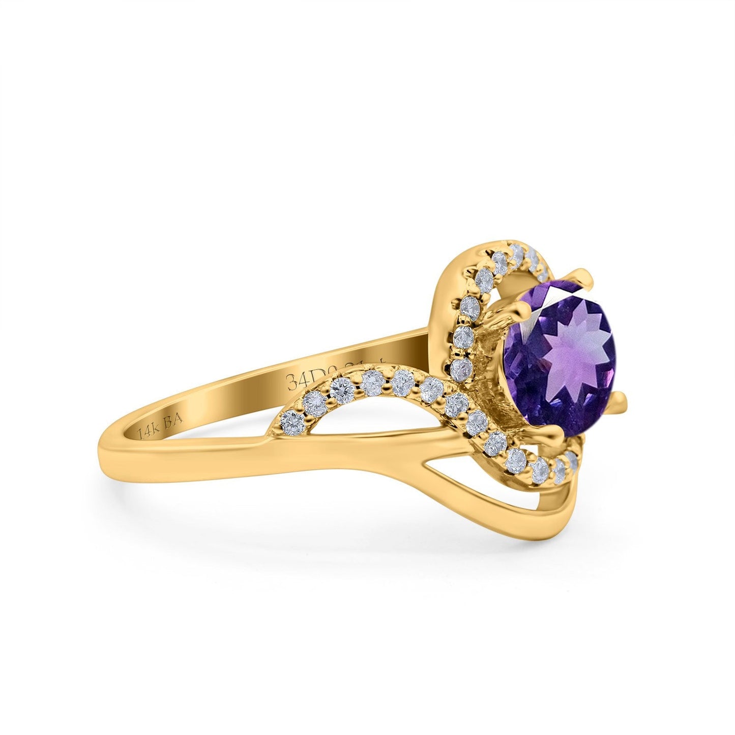 14K Yellow Gold 1.49ct Art Deco Round 7mm G SI Natural Amethyst Diamond Engagement Wedding Ring Size 6.5