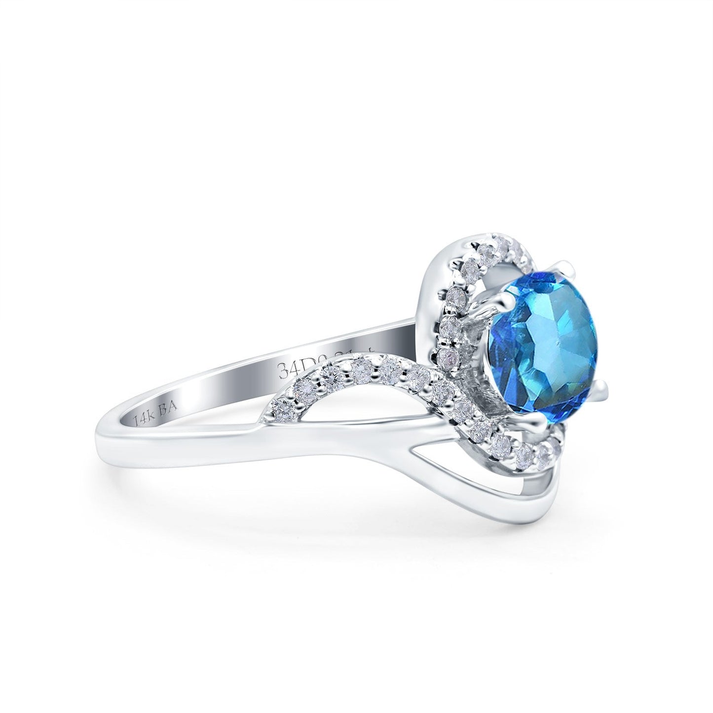 14K White Gold 1.49ct Art Deco Round 7mm G SI Natural Blue Topaz Diamond Engagement Wedding Ring Size 6.5