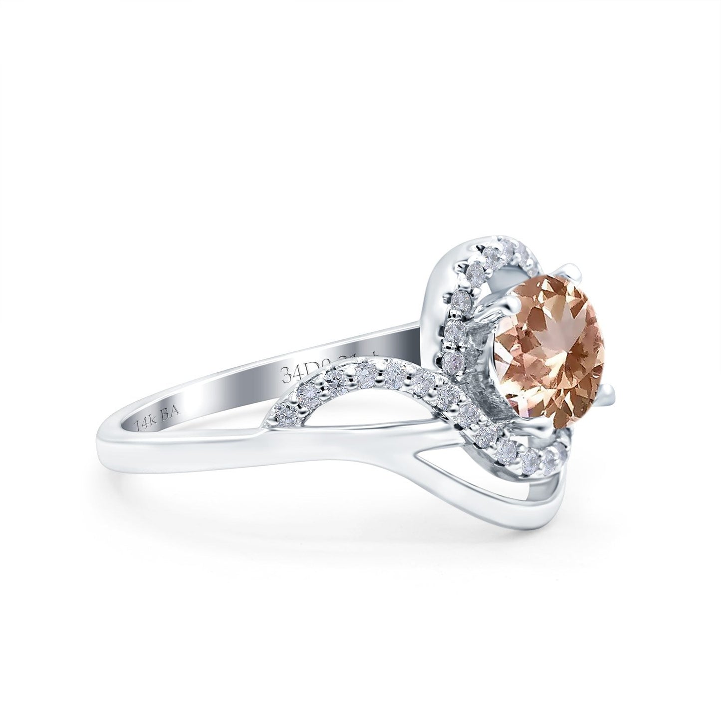 14K White Gold 1.49ct Art Deco Round 7mm G SI Natural Morganite Diamond Engagement Wedding Ring Size 6.5