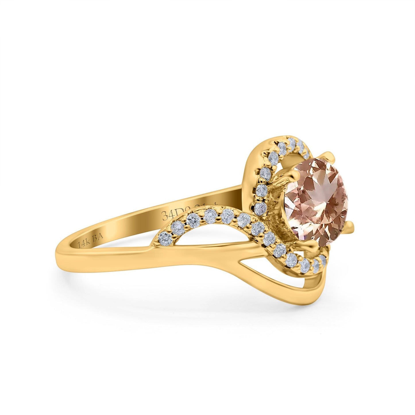 14K Yellow Gold 1.49ct Art Deco Round 7mm G SI Natural Morganite Diamond Engagement Wedding Ring Size 6.5