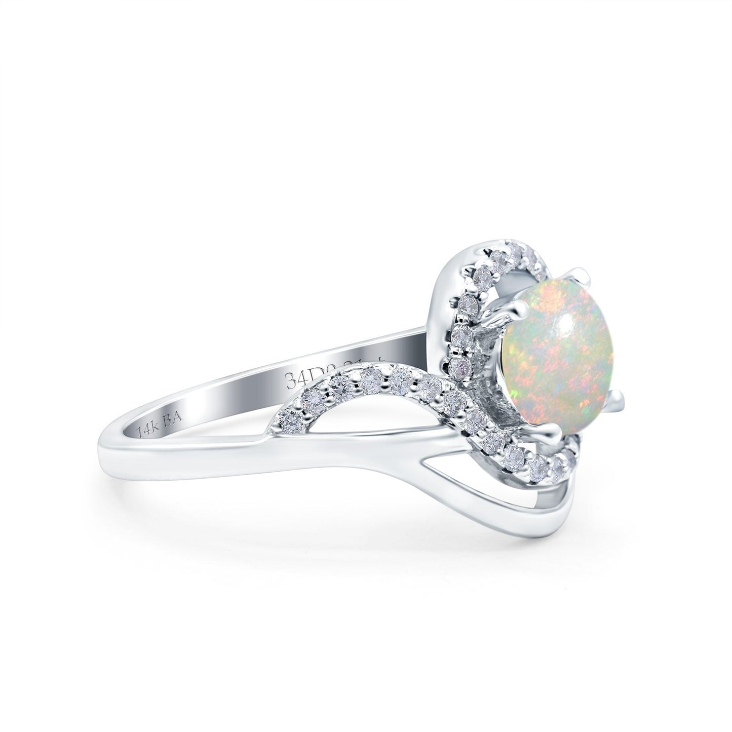 14K White Gold 0.21ct Art Deco Round 7mm G SI Natural White Opal Diamond Engagement Wedding Ring Size 6.5