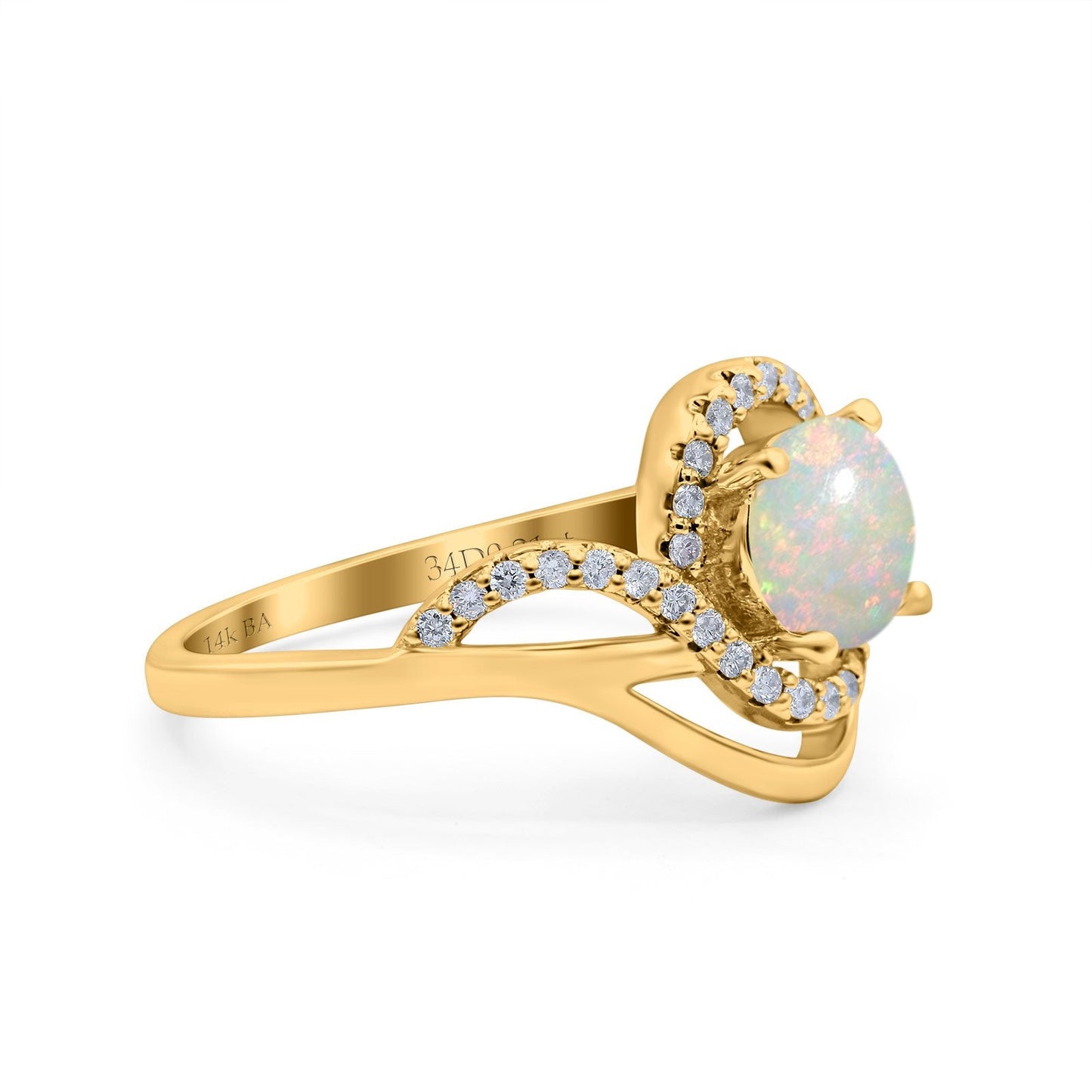 14K Yellow Gold 0.21ct Art Deco Round 7mm G SI Natural White Opal Diamond Engagement Wedding Ring Size 6.5