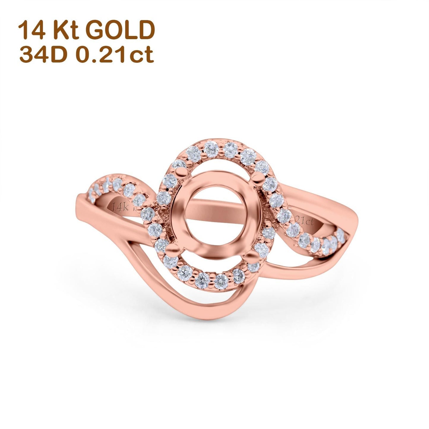 14K Rose Gold 0.21ct Art Deco Round 7mm G SI Semi Mount Diamond Engagement Wedding Ring